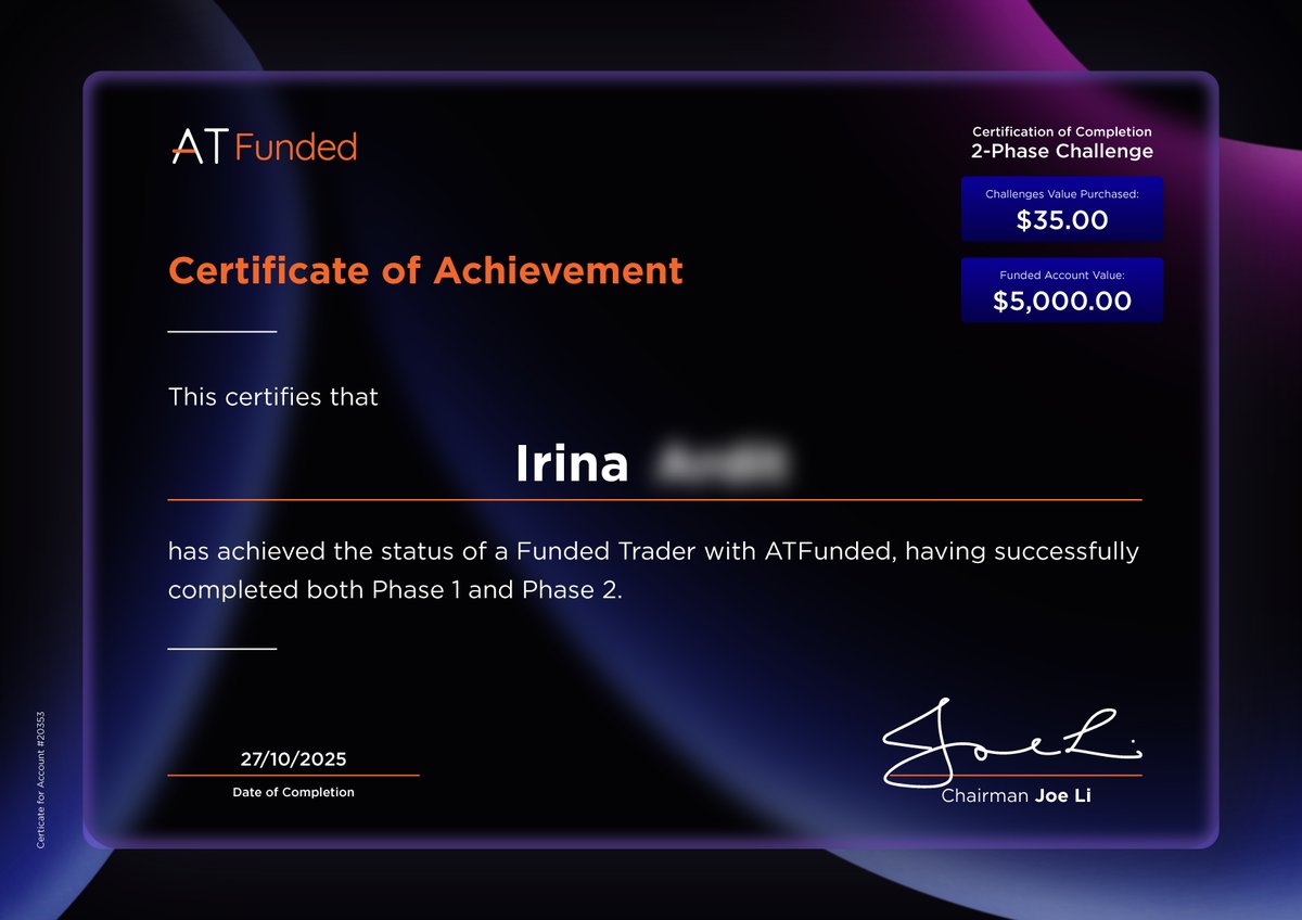 ATFunded's tweet image. You know that feeling when a plan finally clicks? That’s what these certificates represent — effort, patience, and results in the right place. Big welcome to our newest funded traders: Chia, Daan, Irina, Masaru & Rungrot! 🎯