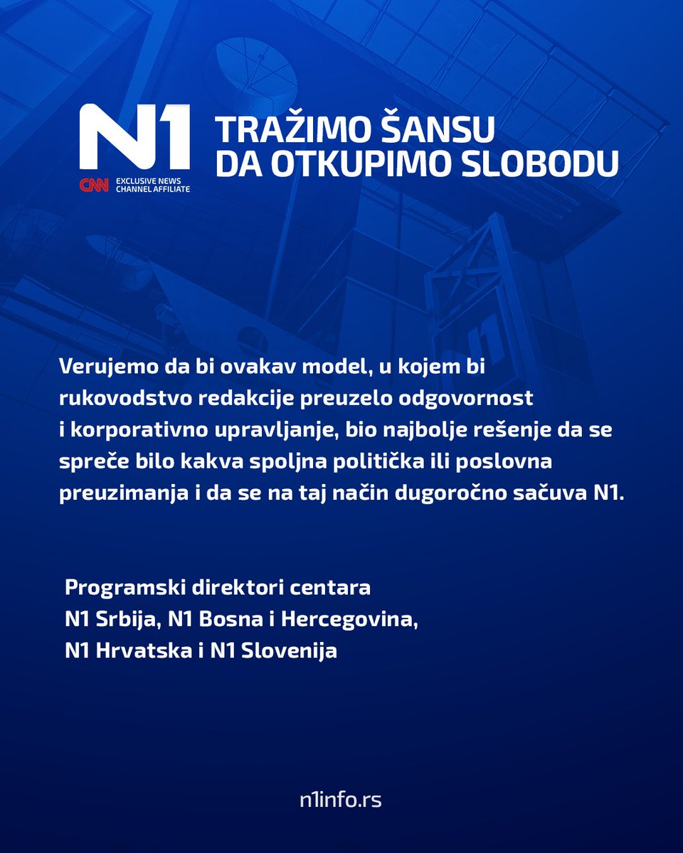 Od svog početka, pre 11 godina, N1 je posvećen profesionalnom, tačnom i nezavisnom informisanju građana.

U ovih jedanaest godina, naši novinari i urednici svakodnevno su dokazivali da istinito novinarstvo ima smisla i da je moguće opstati u okruženju koje je neprijateljski