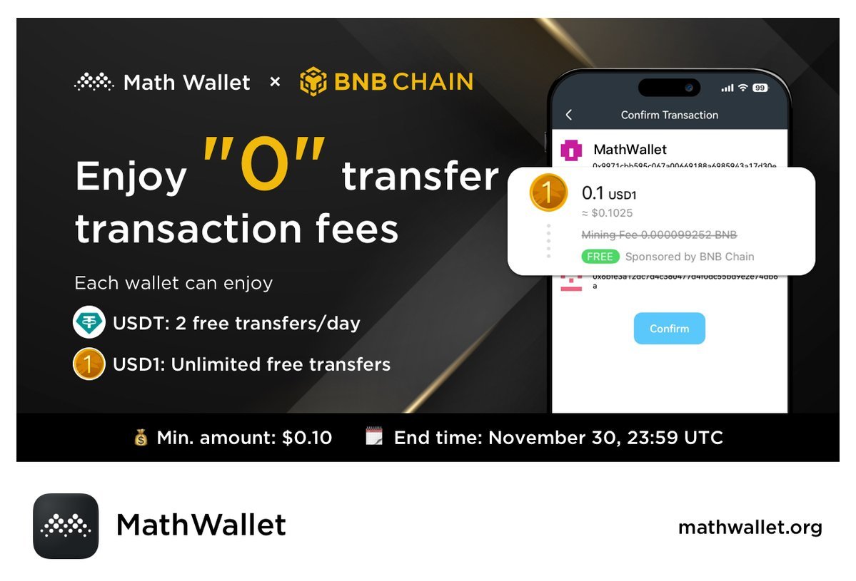 MathWallet_CN's tweet image. 🚀零手续费优惠活动延长！

使用@BNBCHAIN 钱包进行 USDT 和 USD1 转账，即可享受 0  Gas 手续费优惠：延长至 11 月 30 日 23:59 UTC！

✅USDT：每日 2 次免费转账；  
✅USD1：无限次免费转账；
⚡每次转账最低 0.10 美元。

不要错过——免费转移您的稳定币！

#BNBChain