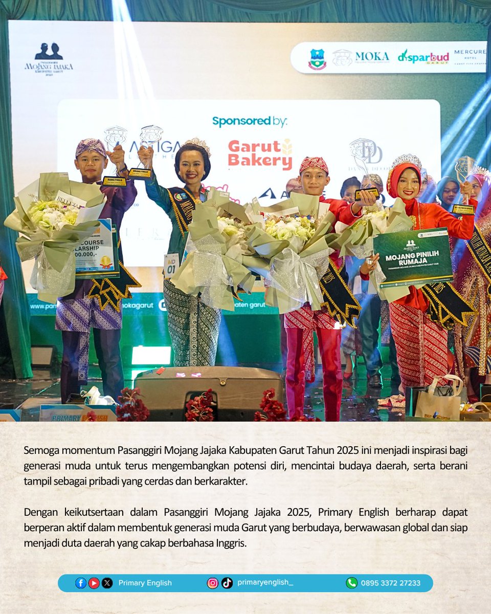 Selamat kepada para finalis dan pemenang Pasanggiri Mojang Jajaka Kabupaten Garut 2025! 

#primaryenglish #siappintarbahasainggris #lesbahasainggris #kursusbahasainggris #mojangjajaka #mojangjajakagarut #mojangjajaka2025 #garutberprestasi #generasimuda #beasiswabahasainggris