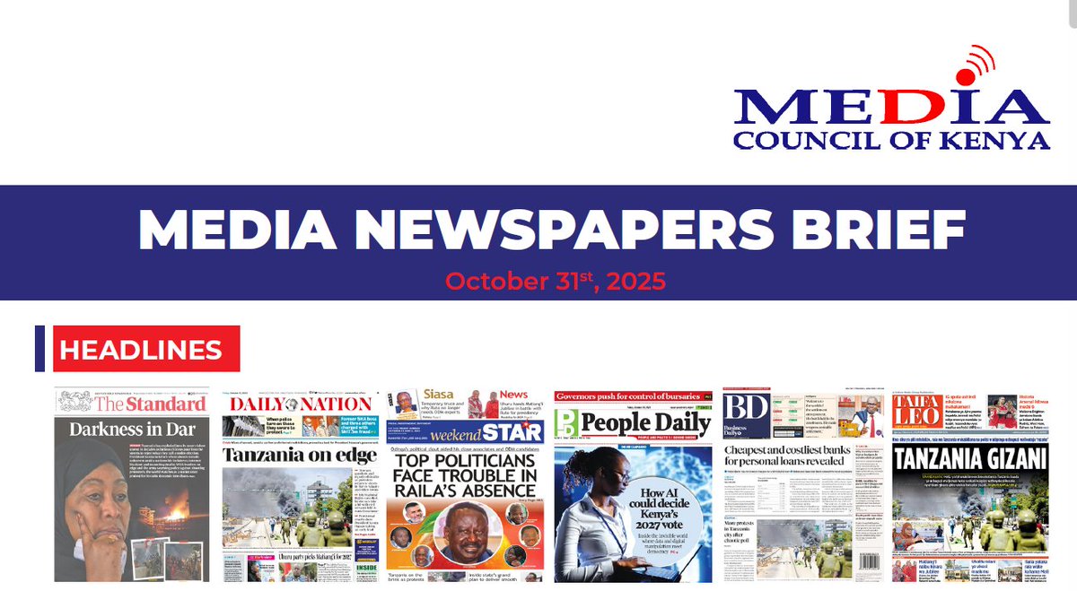 Headlines: <a href="/StandardKenya/">The Standard Digital</a>, <a href="/NationAfrica/">Daily Nation</a>, and <a href="/Taifa_Leo/">Taifa Leo</a> headlines focused on protests in Tanzania following disputed general elections. All reports highlight violent protests, government lockdowns, internet shutdowns, and the rising number of fatalities. The reports also