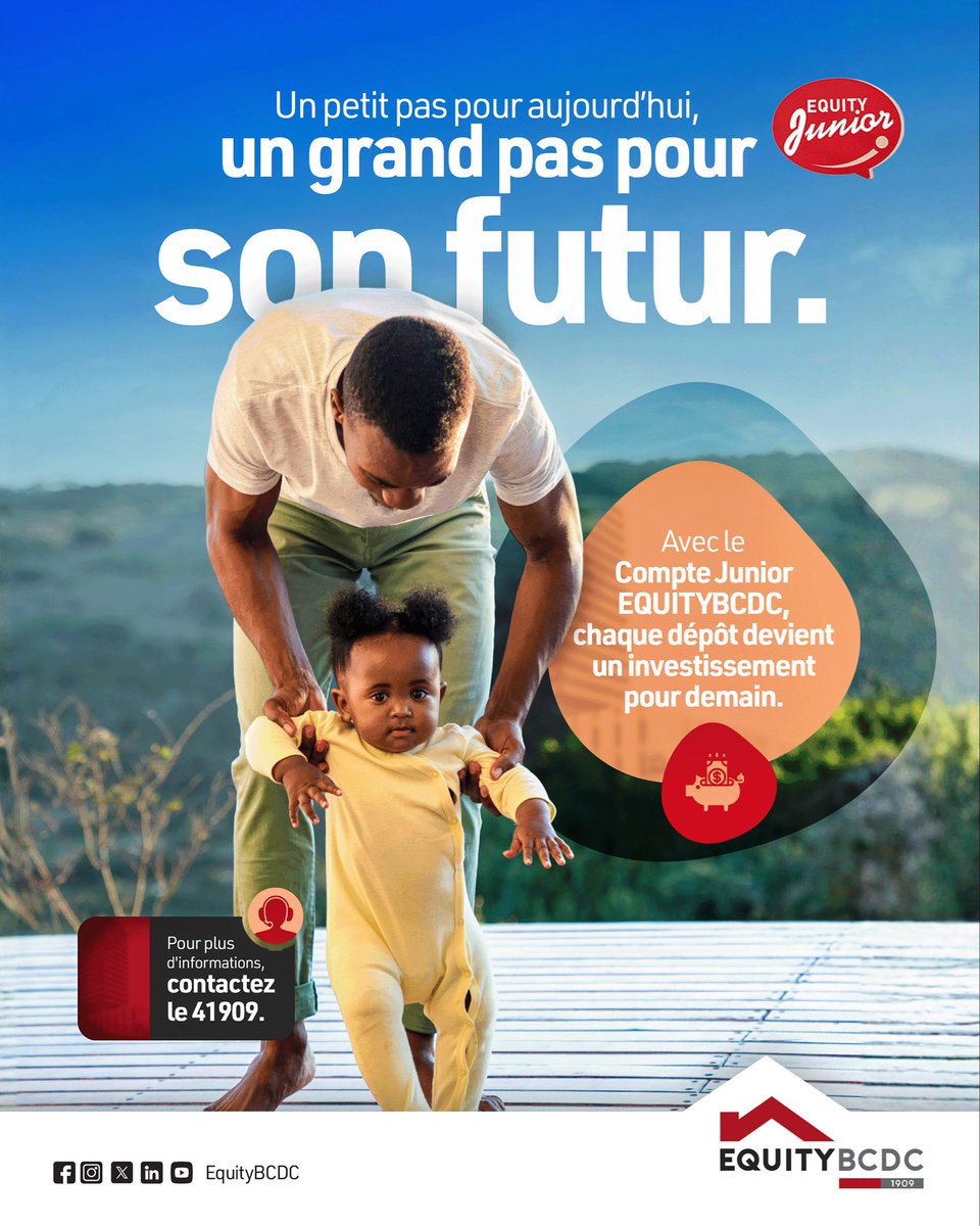 Chaque petit pas compte pour bâtir un grand avenir.

Avec le Compte Junior EquityBCDC, transformez chaque dépôt en un investissement pour demain. 🌱

#EquityBCDC #SonFuturCommencelci #EquityJunior
#Labanquelaplusdigitale