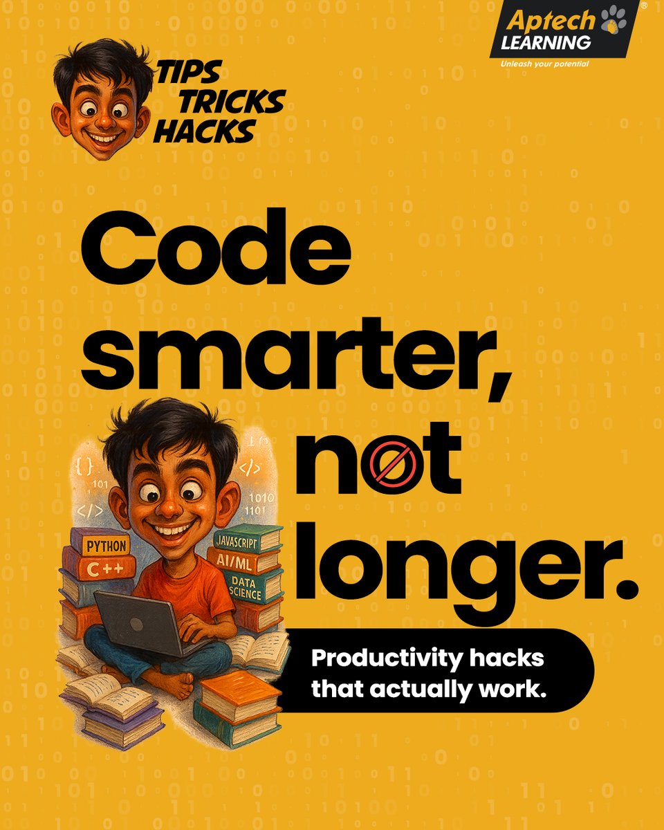 Aptech_Learning's tweet image. Try these pro hacks to boost focus, speed and code quality. Comment below with more hacks that have helped you. ​
​
#AptechLearning #TipsTricksHacks #GetTrainedGetHired #AptechLearningCourses #CodingLife