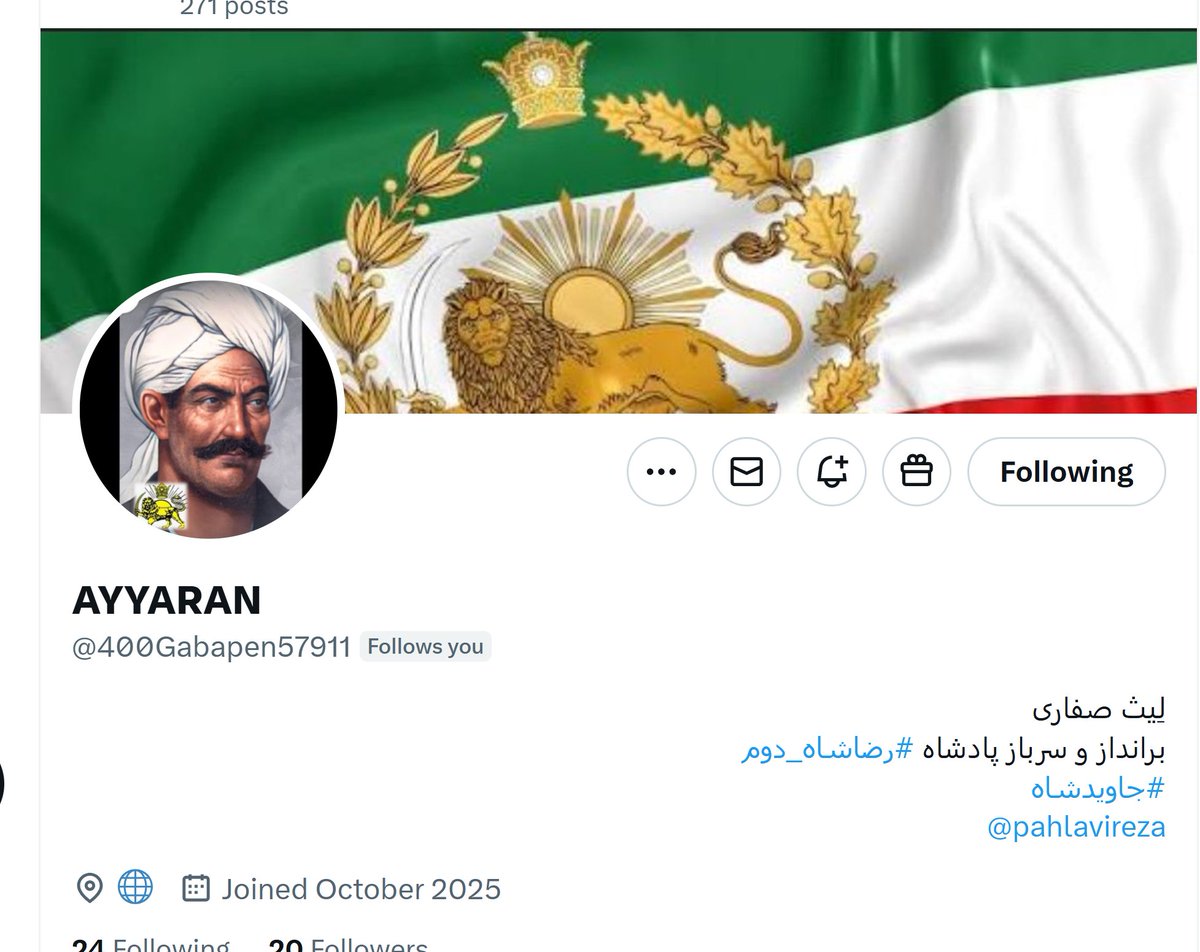 PahlaviahoraeeP's tweet image. دوستان یکی از بهترین دوست من یک پادشاهی خواه دو اتشه پاک که سالها میشناسم به توییتر بداز ساس شدن اکانتش برگشته تمنا دارم دراین روز باشکوه وزیبا این سرباز گارد جاویدان شاهنشاهی  @400Gabapen57911
· راحمایت وفالو کنید سپاس
x.com/400Gabapen5791…