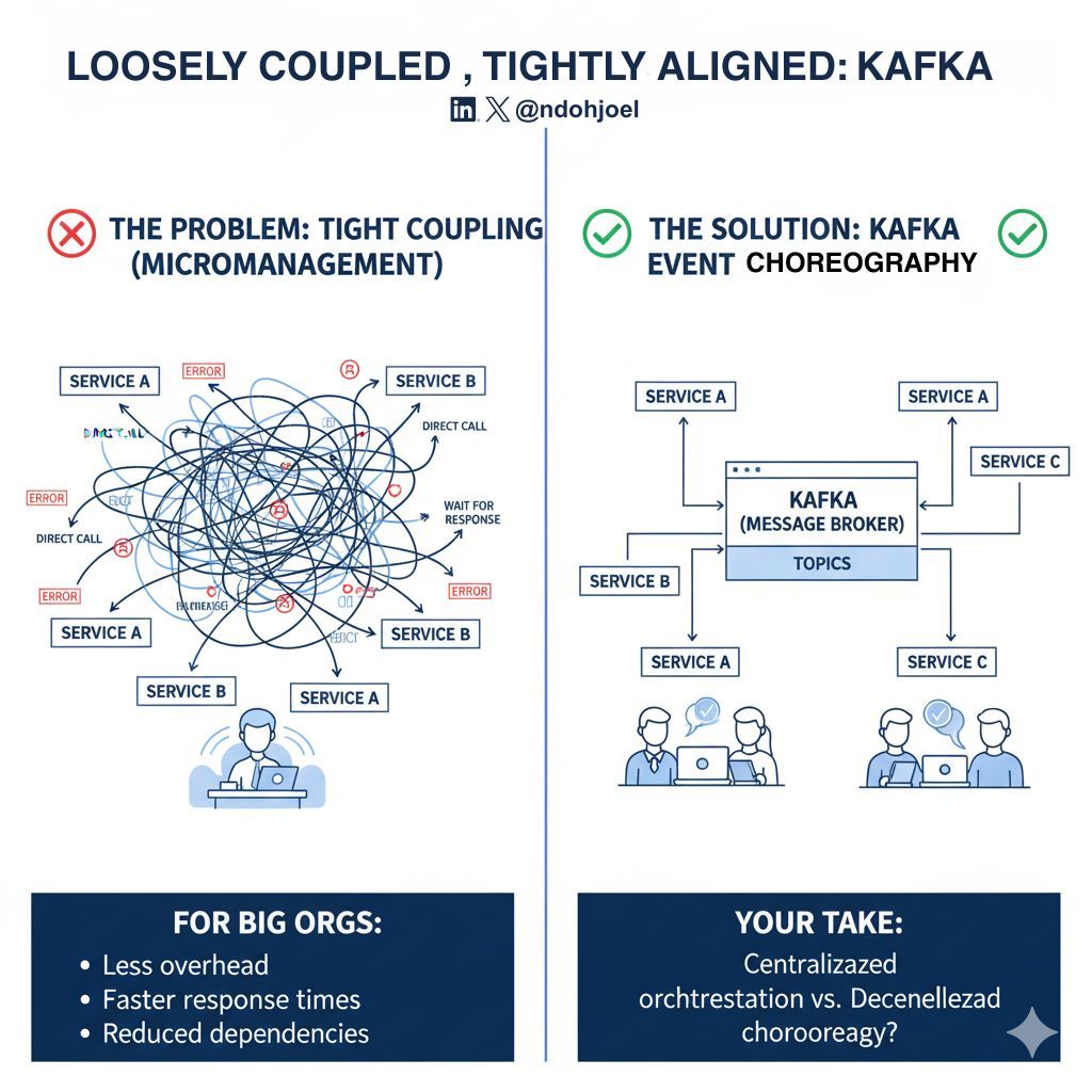 ndohjoel's tweet image. 𝗟𝗼𝗼𝘀𝗲𝗹𝘆 𝗖𝗼𝘂𝗽𝗹𝗲𝗱, 𝗧𝗶𝗴𝗵𝘁𝗹𝘆 𝗔𝗹𝗶𝗴𝗻𝗲𝗱: 𝗧𝗵𝗲 𝗣𝗼𝘄𝗲𝗿 𝗼𝗳 𝗞𝗮𝗳𝗸𝗮

In a good team, everyone knows their role — no micromanagement.
That’s Kafka for microservices.

Each service produces its own results and others react automatically, no central…