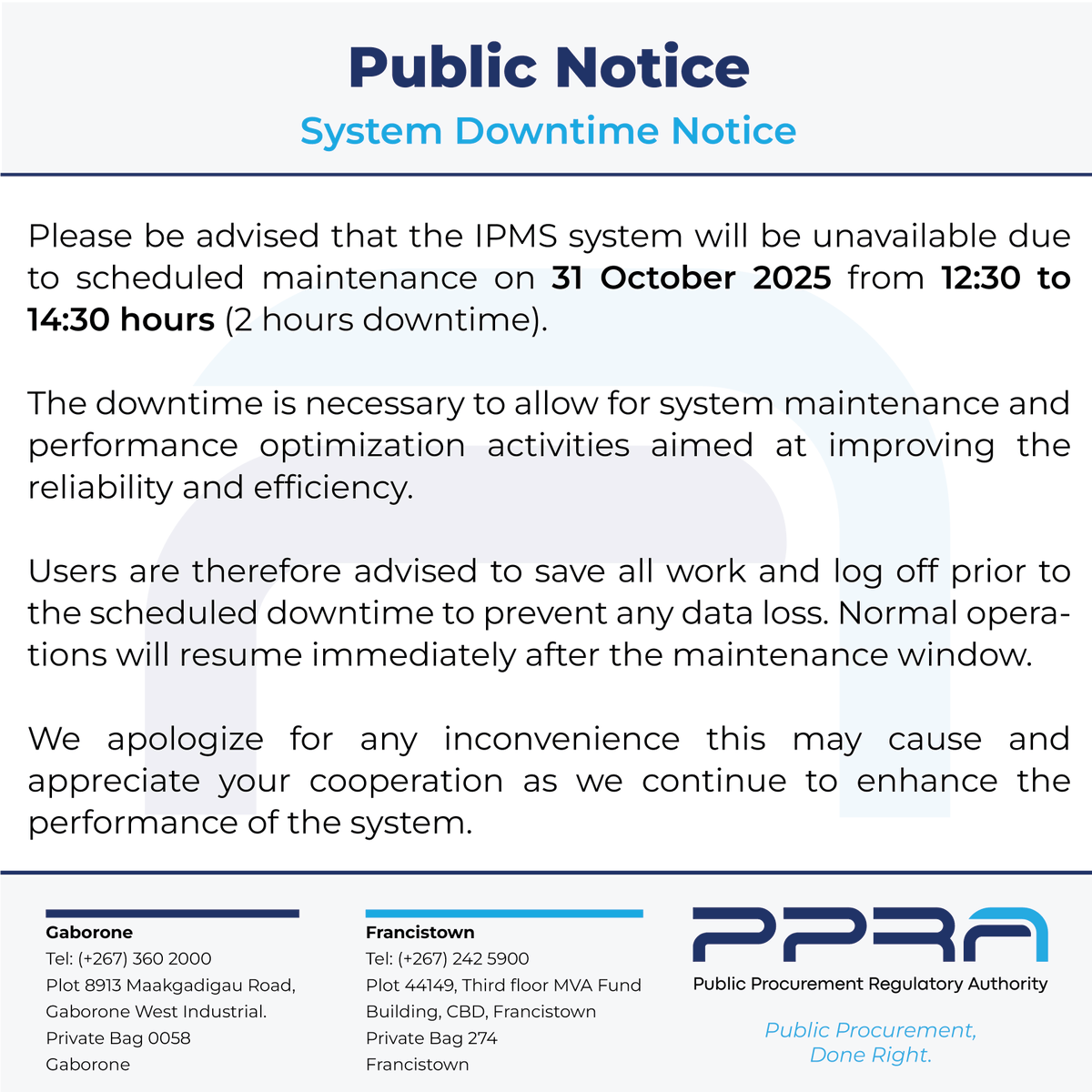 IPMS Maintenance Alert
Please be advised that the IPMS system will be unavailable due to scheduled maintenance on 31 October 2025 from 12:30 to 14:30 hours.

We apologise for any inconvenience this may cause and appreciate your understanding as we work to enhance our services.