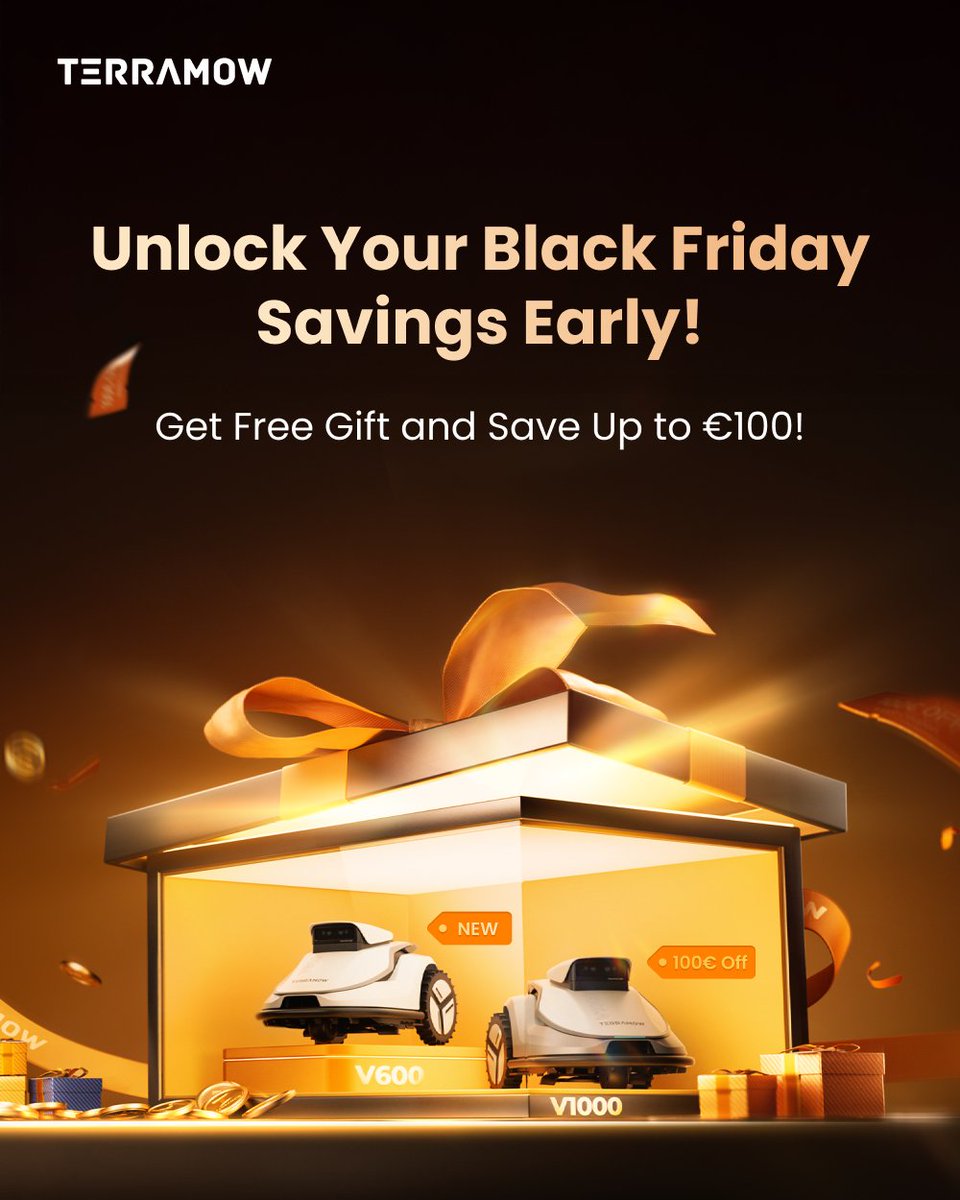 TerraMow's tweet image. 🎉 Black Friday Bonanza! 🎉

From Oct 31 – Dec 1, it&apos;s the perfect time to upgrade your lawn care game. 🌿

Get the new V600 with a Free Blade Gift Set and enjoy up to €100 OFF our crowd-favorite V1000

terramow.com

#TerraMow #SmartLawnCare #RobotMower #DealAlert