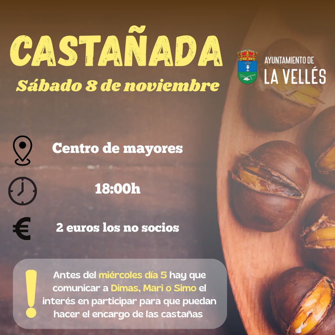 La asociación de mayores organiza el próximo sábado día 8 de noviembre una castañada para todos los vecinos.
Será a las 18.00 h en el centro de mayores, y quienes no son socios deben aportar 2€. 
Antes del día 5 hay que comunicar a Dimas, Mari o Simo el interés en participar 🌰