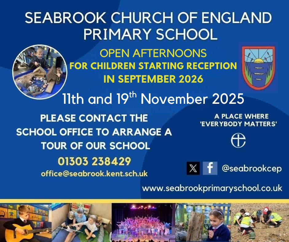 📢 Is your child due to start primary school in Sept 2026? Visit us at one of our Open Afternoons! 🗓️ Tues 11 Nov &amp; Weds 19 Nov

✅ Beach School sessions
✅ Wraparound care
✅ "A small school with a big heart”

To book👉 📩 office@seabrook.kent.sch.uk | 📞 01303 238429