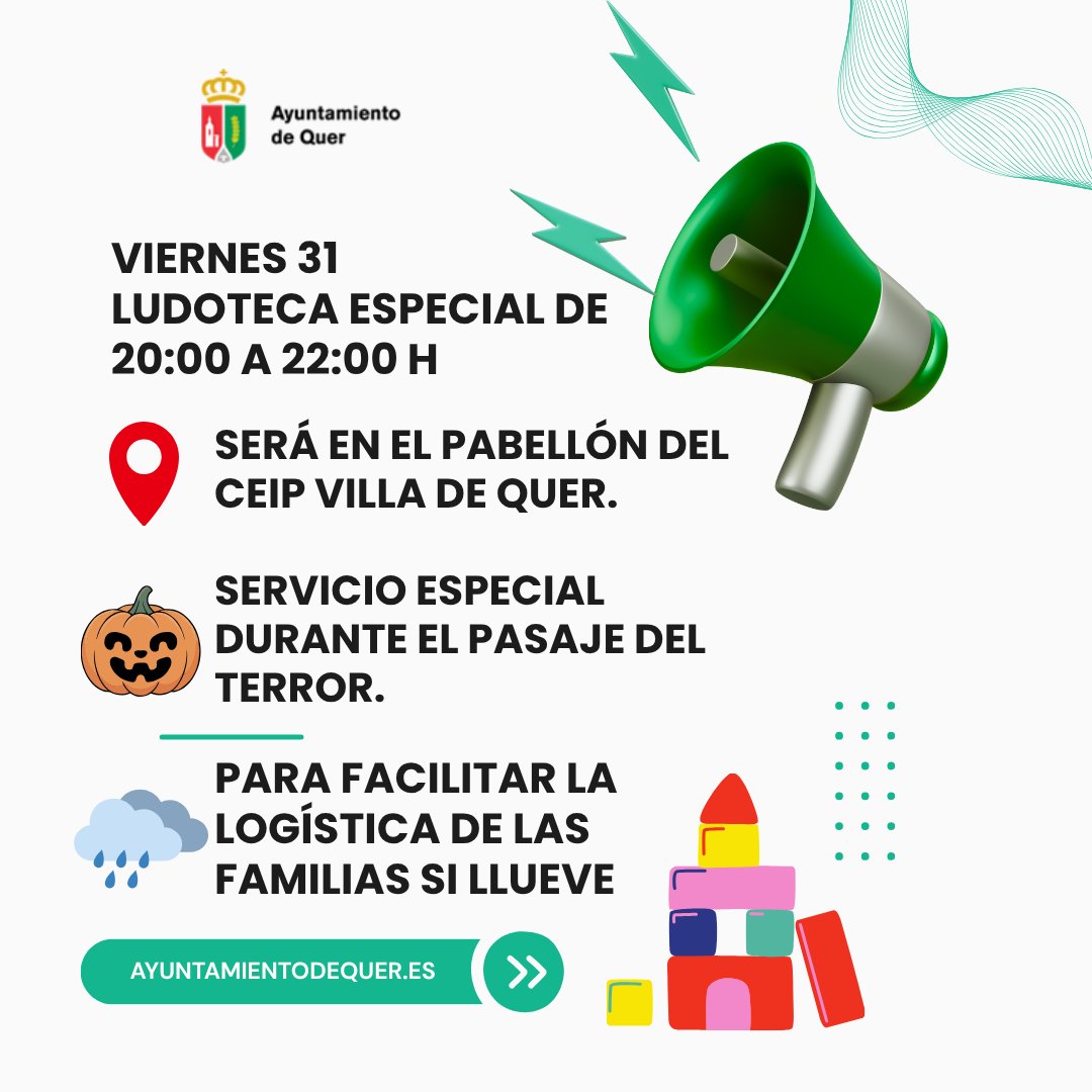 aytoquer's tweet image. 🎃 Este viernes 31, Ludoteca Especial de Halloween en #Quer 🎃
🕗 De 20:00 a 22:00 h en el pabellón del CEIP Villa de Quer
👻 Servicio durante el Pasaje del Terror
☔ Si llueve, ¡seguimos dentro!
ℹ️ Más info 👉 ayuntamientoquer.es