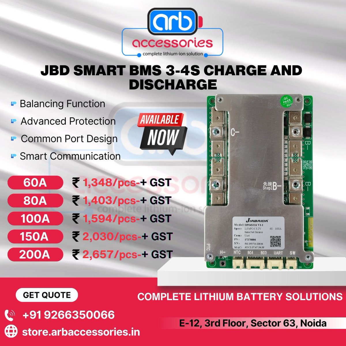 arb_ltd's tweet image. ⚙️ JBD Smart BMS Series

🔹 JBD Smart BMS 3–4S – Available in 60A, 80A, 100A, 150A &amp;amp; 200A
🔹 JBD Smart BMS 7–24S – 100A
🔹 JBD Smart BMS 8–24S – 40A, 50A &amp;amp; 200A

🛒 Buy Now:
store.arbaccessories.in/category/jbd-b…

#Arbaccessories #SmartBMS #JBDBMS #EVBattery #BatteryProtection #EVTechnology #Ev