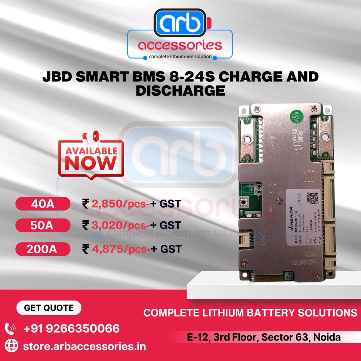 arb_ltd's tweet image. ⚙️ JBD Smart BMS Series

🔹 JBD Smart BMS 3–4S – Available in 60A, 80A, 100A, 150A &amp;amp; 200A
🔹 JBD Smart BMS 7–24S – 100A
🔹 JBD Smart BMS 8–24S – 40A, 50A &amp;amp; 200A

🛒 Buy Now:
store.arbaccessories.in/category/jbd-b…

#Arbaccessories #SmartBMS #JBDBMS #EVBattery #BatteryProtection #EVTechnology #Ev