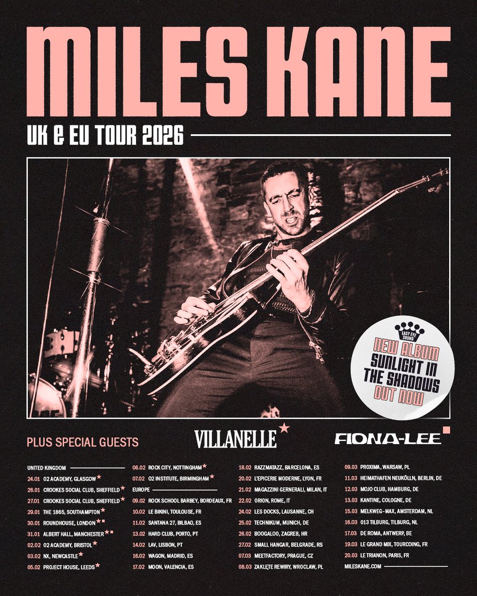 MilesKaneMusic's tweet photo. Tickets to my UK &amp; EU Tour 2026 are on sale now.

Tix: https://t.co/nABk2M9jN6 https://t.co/xSVqcB1v37