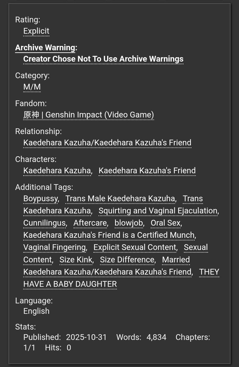 post fleshing 
· 4.8k words
· #tomozuhaweek2025NSFW d-4
· aftercare + foreplay
· now that their baby daughter is with her aunt yoimiya, tomo and kazuha have time to indulge in each other
· r18; trans!kazuha (mentioned mpreg) 🏳️‍⚧️
· #tomozuha #tomokazu

🖇️ archiveofourown.org/works/73427571