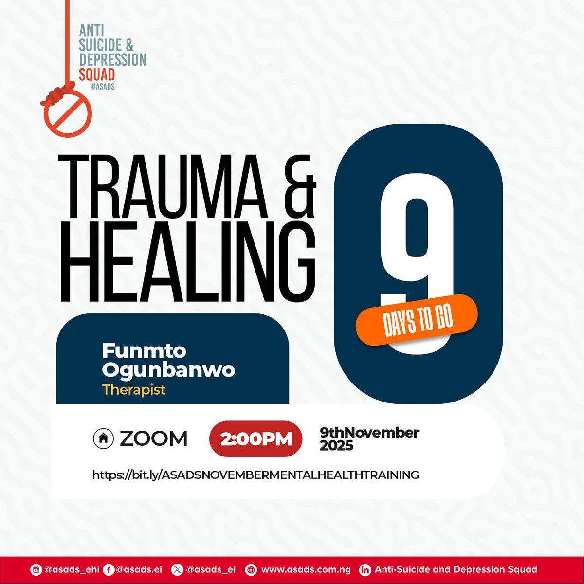 ✨ Healing starts with understanding.
Join us this November for a transformative session on Trauma &amp; Healing with Therapist Funmto Ogunbanwo.
Let’s learn how to identify, process, and grow beyond our pain. 💛

🎓 E-Certificate: ₦3,000

🔗 Register now: bit.ly/ASADSNOVEMBERM…