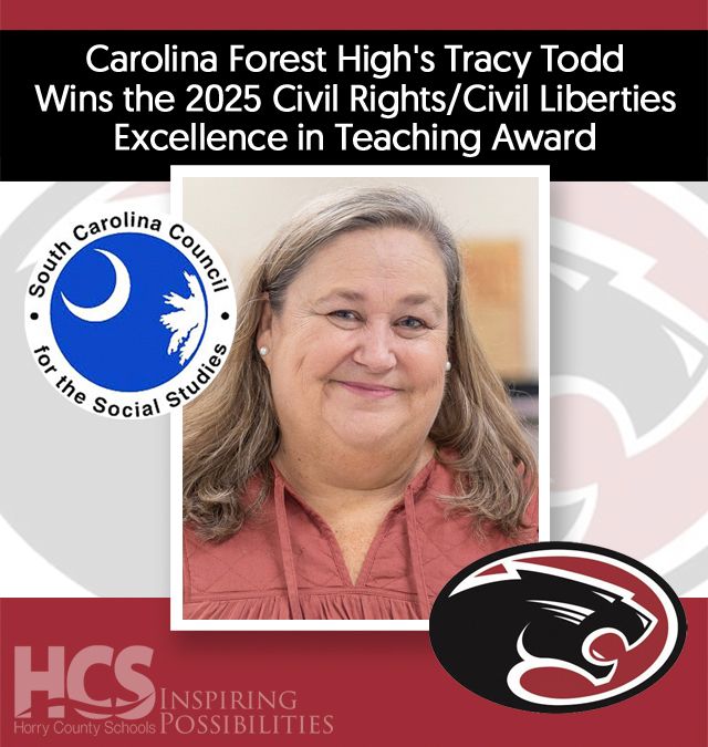 Congrats to Carolina Forest High’s Tracy Todd, named the 2025 #CivilRights/#CivilLiberties Excellence in Teaching Award winner by the SC Council for the #SocialStudies! Thank you for inspiring students to understand their rights, stand up for justice, and be active citizens.