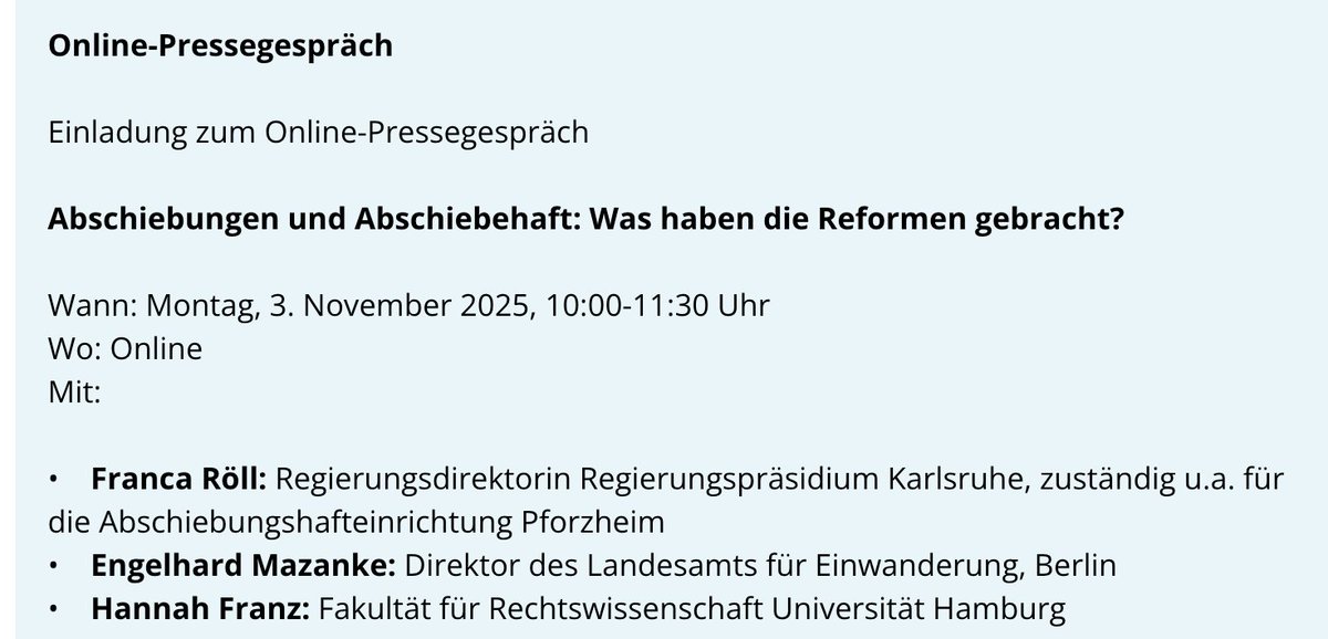 Pressetermin am Montag 🗓️: Abschiebungen - was haben Reformen bewirkt? Experten-Gespräch am Montag mit exklusiver neuer Expertise

➡️ mit Behördenleitern und Expertin von <a href="/juraunihamburg/">Fakultät für Rechtswissenschaft der Uni Hamburg</a> 
Mehr &amp; Anmeldung 
mediendienst-integration.de/veranstaltunge…