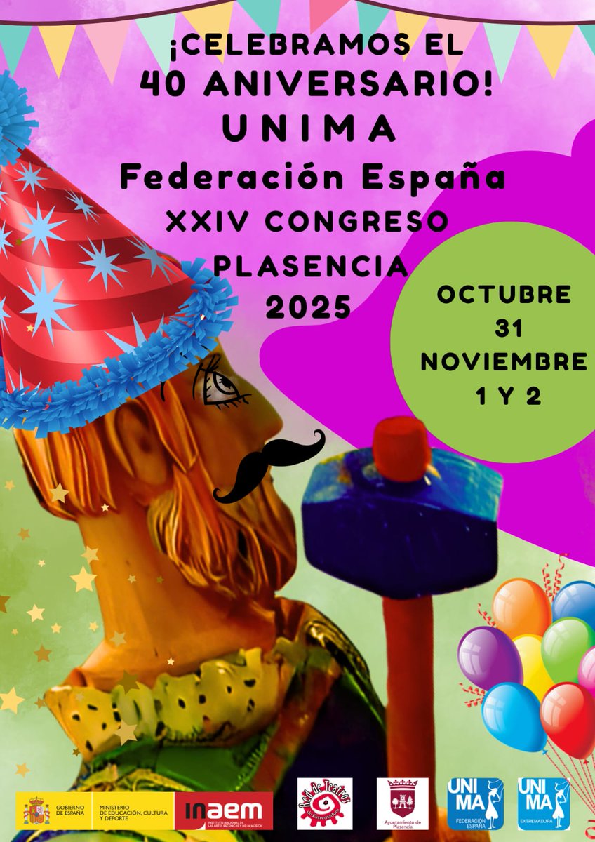 🎭¡Hoy comienza el XXIV Congreso de <a href="/UnimaEspana/">Unima España</a> en Plasencia!
Celebramos juntos 40 años de historia, arte y pasión por el teatro de títeres 🤩
📅 31 de octubre, 1 y 2 de noviembre

#unima #CongresoUNIMA #Plasencia