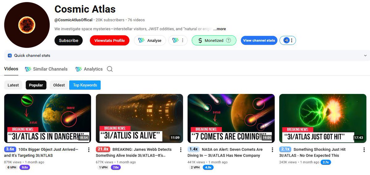 itzmsk10's tweet image. 🚀 This faceless YouTube channel launched just months ago and is already making $17K+ per month with 20K subs and 76 uploads.
✅ Niche: Space mysteries
✅ Strategy: Simple visuals + high-RPM audience
Stop guessing. Start analyzing what’s already working. 💡