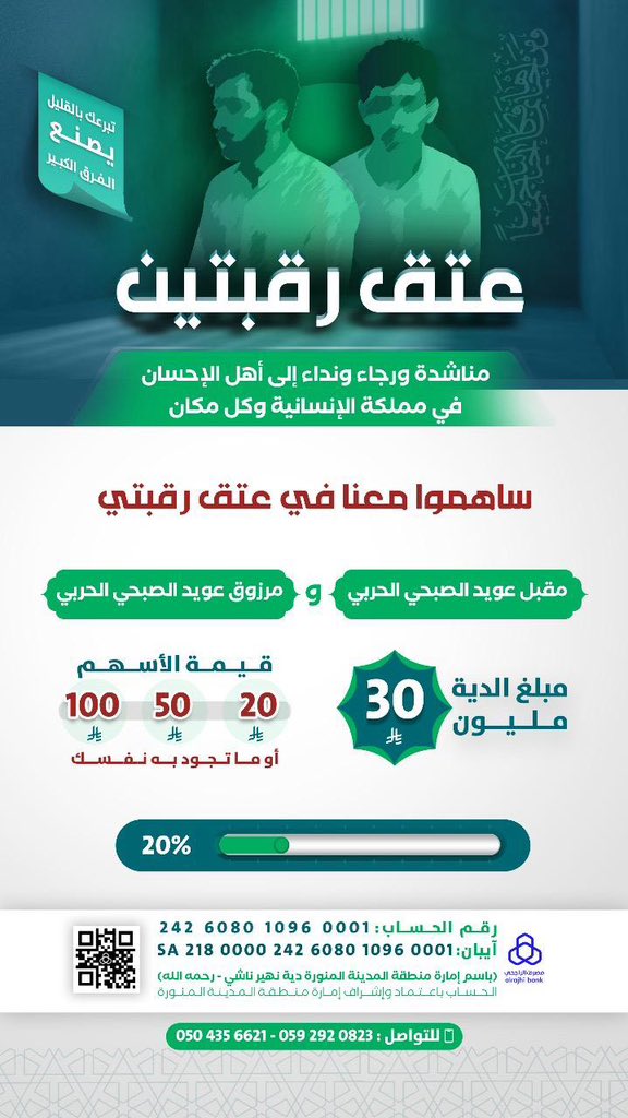 أدركوا البركة بالصدقة .. في الحال والعيال والمال ، في الصحة . بروا والديكم بالتصدق عنهم ، أحسنوا إلى موتاكم بالصدقة عنهم.
عتق الرقاب باب عظيم من أبوابها ، عمل يسير ، أجره كبير
ساهم في عتق رقبتي أخويك 
#عتق_رقبتي_مقبل_ومرزوق_الصبحي