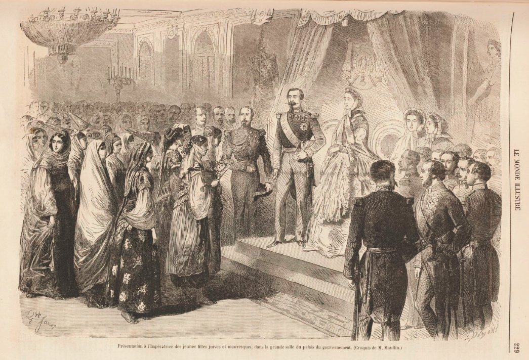 #NapoléonIII, "ami des arabes". Projet de royaume arabe associé à la France, d’Alger à Bagdag. Voyages en 1860 et 1865. Projet vanté par #DeGaulle en 1960. Arrêtons de dire n’importe quoi sur la #France et l’#Algérie ! Jeunes filles juives et mauresques face au couple impérial.