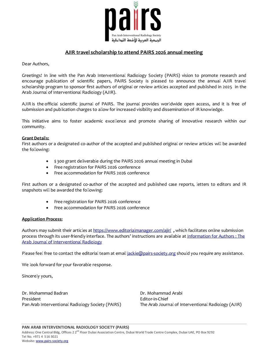 📌Hello authors! The AJIR Travel Scholarship Program is now open for applications. Publish your work and be rewarded and attend #PAIRS 2026!

📕First authors of original and review articles will get  FREE REGISTRATION AND ACCOMMODATION AND $300 travel grant.

✍️Submit now!