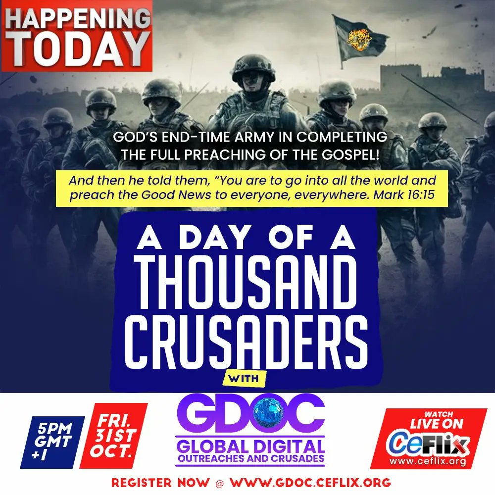 ChristEmbassy01's tweet image. THE WAIT IS OVER
Welcome to &apos;A Day of a Thousand Crusaders with GDOC&apos;!
tinyurl.com/RegGDOC

Join the livestream @ 5 PM GMT+1 on CeFlix &amp;amp; spread the Word &amp;amp; invite others.

Participate: ceflix.org/channel/4384

Share your testimonies in the comments with #GDOC #DigitalCrusaders