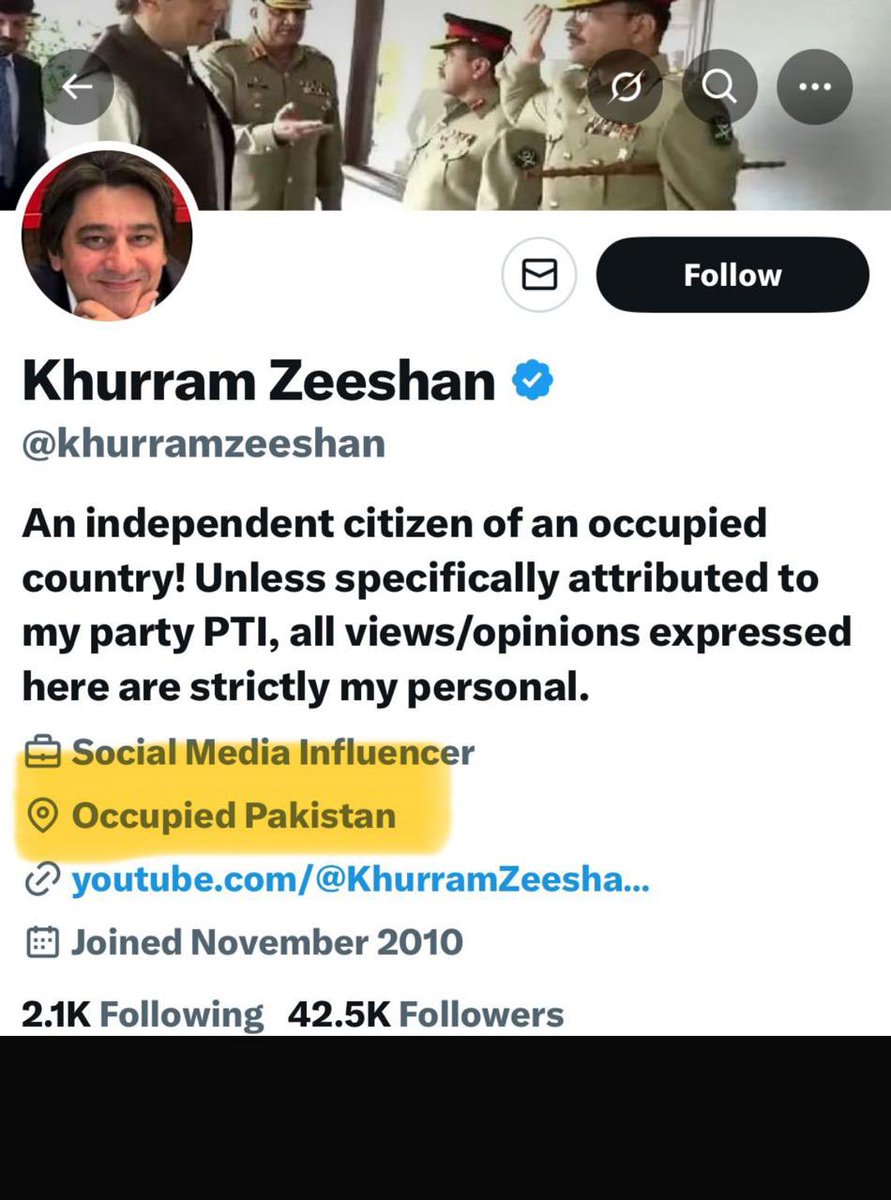 This is the newly elected PTI Senator. His social media profile says “Occupied Pakistan.” This is what Imran Khan’s politics has come down to. In PTI, the only qualification left for becoming a parliamentarian is being a social media influencer spreading hate.
