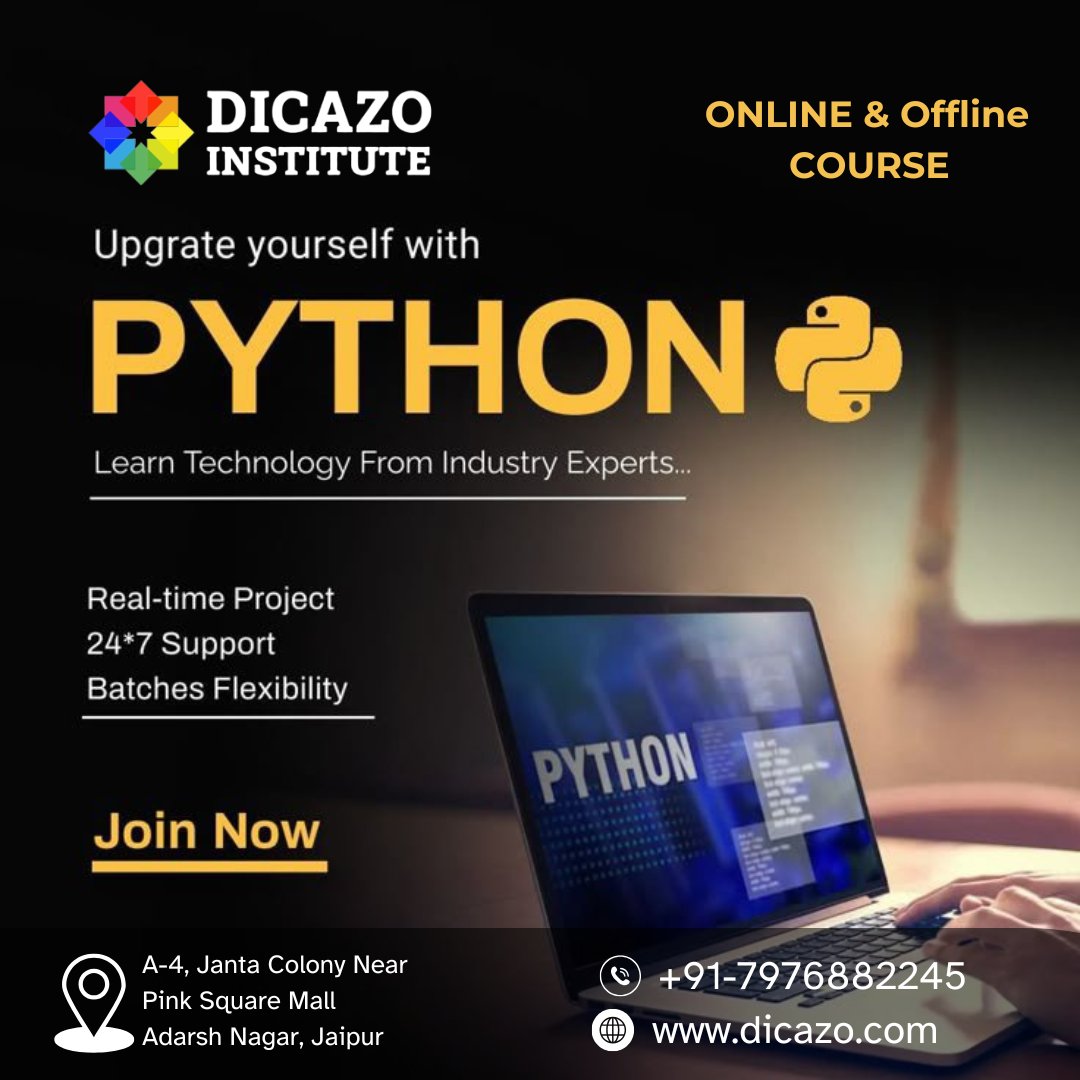 dicazoinfo's tweet image. Learn Python from Industry Experts!
Dicazo Institute offers the best Python course in Jaipur with real-time projects, expert trainers & flexible batches.
Join Now & Start Learning Today!
📞7976882245
✉️dicazoinfo@gmail.com
🌐dicazo.com
#LearnPython #CodingSkills