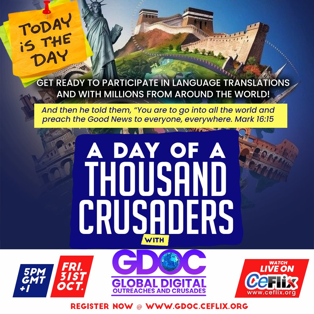 ChristEmbassy01's tweet image. It’s here—A Day of A Thousand Crusaders with #GDOC!

From Africa to Asia, Europe to the Americas, &amp;amp; across Oceania—the Gospel is streaming in 100 languages, touching hearts &amp;amp; transforming lives.

October 31st, 2025
5 PM GMT+1

Get ready to participate: ceflix.org/channel/4384