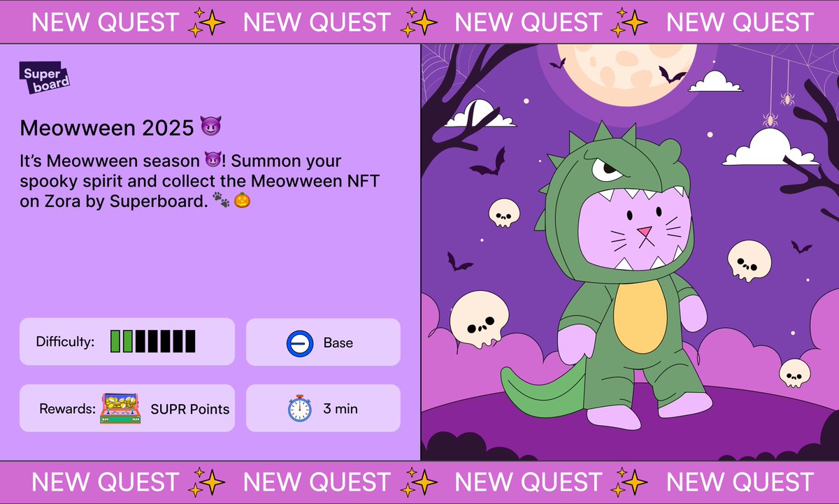 The spirits are out… and so is Meowween! 😈

Summon your spooky side and collect the Meowween on <a href="/zora/">$zora</a> before it disappears into the shadows.🎃

🐾 Collect now → superboard.xyz/quests/meowwee…