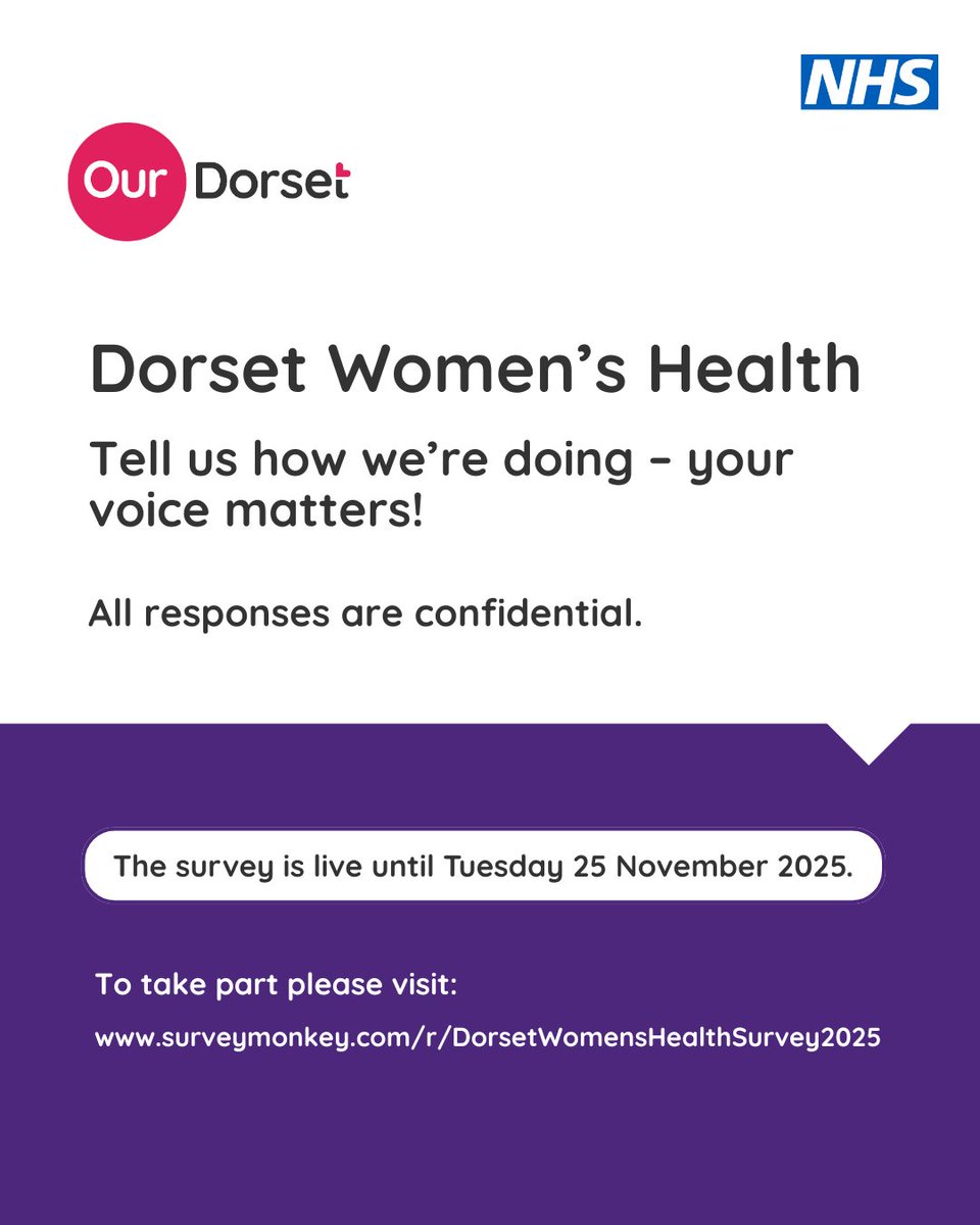 #Dorset Women’s health - tell us how we’re doing – your voice matters!

A new survey is being re-circulated to gather views and experiences from women and girls in Dorset to find out if anything has changed.

Take the survey: surveymonkey.com/r/DorsetWomens…