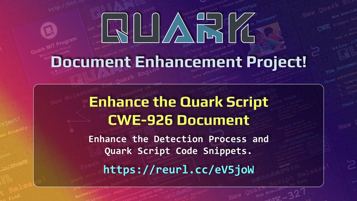 quarkengine's tweet image. 🎉 Document Enhancement Project!

📚 We have enhanced the Quark Script #CWE-926 documents with the detection process and Quark Script code snippets.

🙏 Special thanks to @YushianhD for the contribution!

🔗 Check: reurl.cc/eV5joW

#InfoSec #AndroidSecurity
