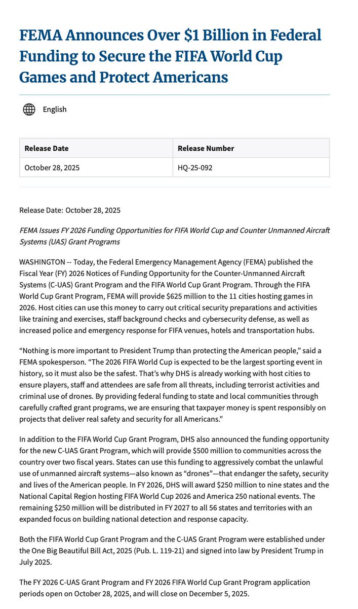 ICYMI🗣️ FEMA Announces Over $1 Billion in Federal Funding to Secure the FIFA World Cup Games and Protect Americans

CC $ONDS Folks 

fema.gov/press-release/…