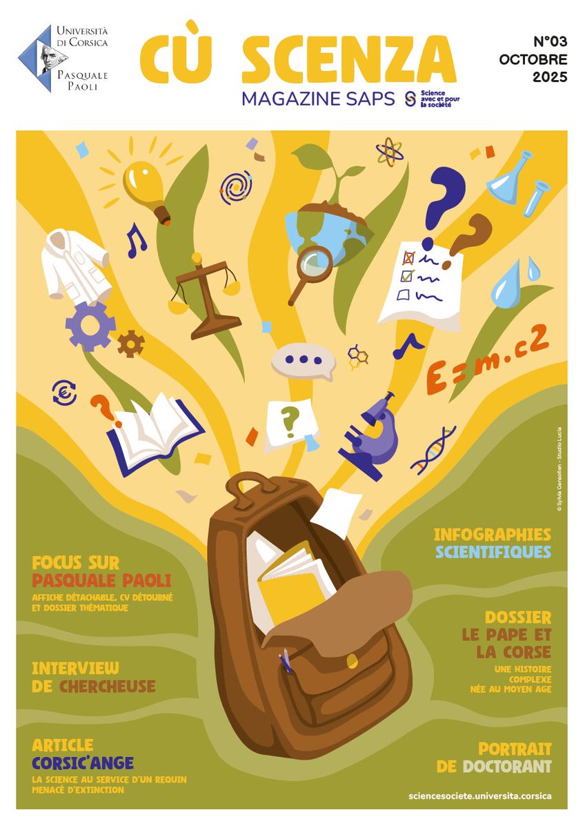Le 3ᵉ numéro du magazine Cù Scenza est en ligne !
Destiné aux collégiens et lycéens, il met à l’honneur la recherche à  l'<a href="/UnivCorse/">Università di Corsica</a> - histoire, archéologie, économie, santé, environnement…
Un numéro spécial tricentenaire Paoli.
👉 sciencesociete.universita.corsica/article.php?id…
#univcorse #SAPS