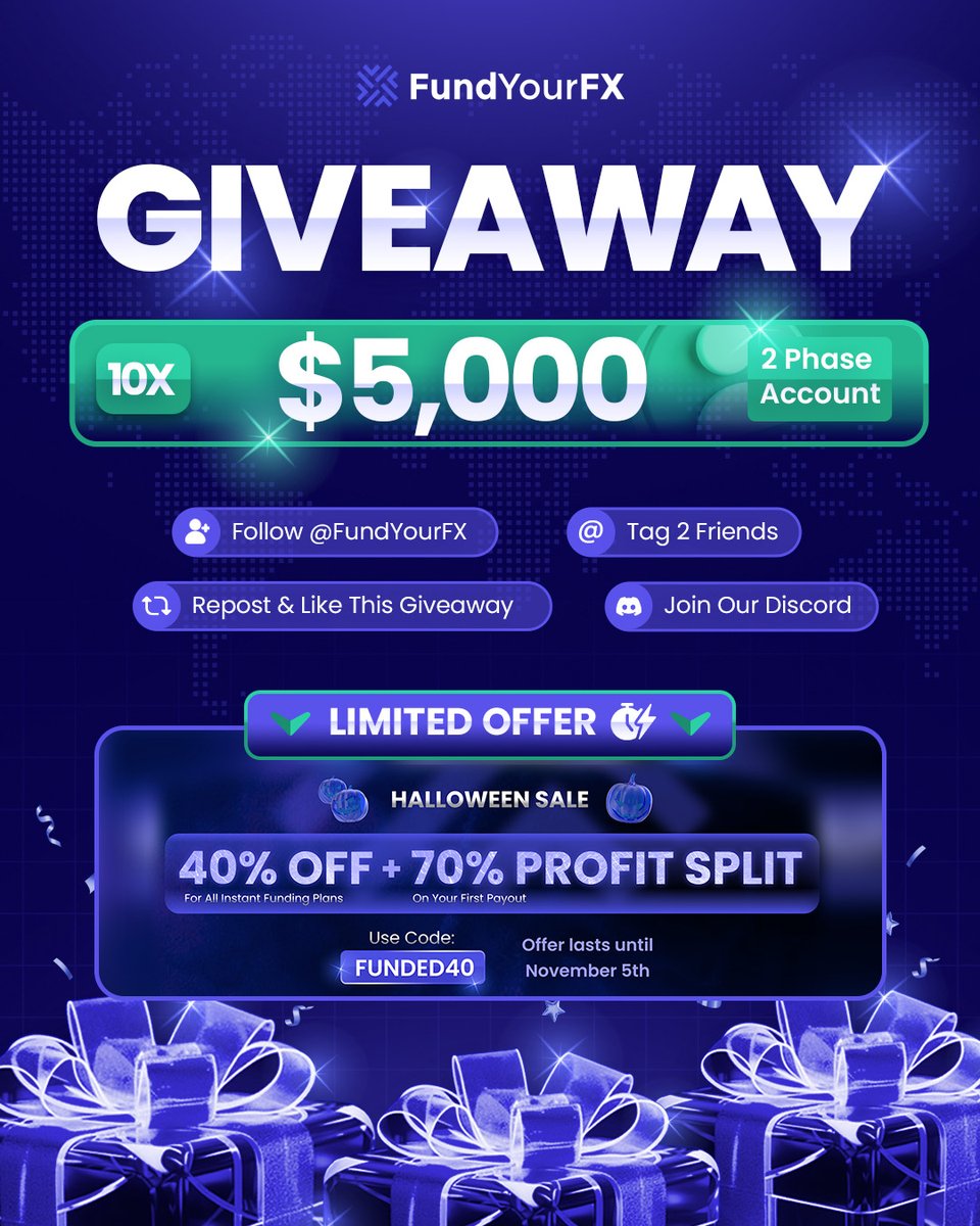 FundYourFX's tweet image. 🎆$50,000 Funded Account Giveaway!🎆

We’re giving away 10 x $5K 2-Step Accounts

How to Enter:
✅Follow @FundYourFX
✅Like, Repost this Giveaway
✅Tag 2 Traders
✅Join our Discord: discord.gg/EcwR4jTknZ

Winners&apos; announcement in 72 hours! Don’t wait.