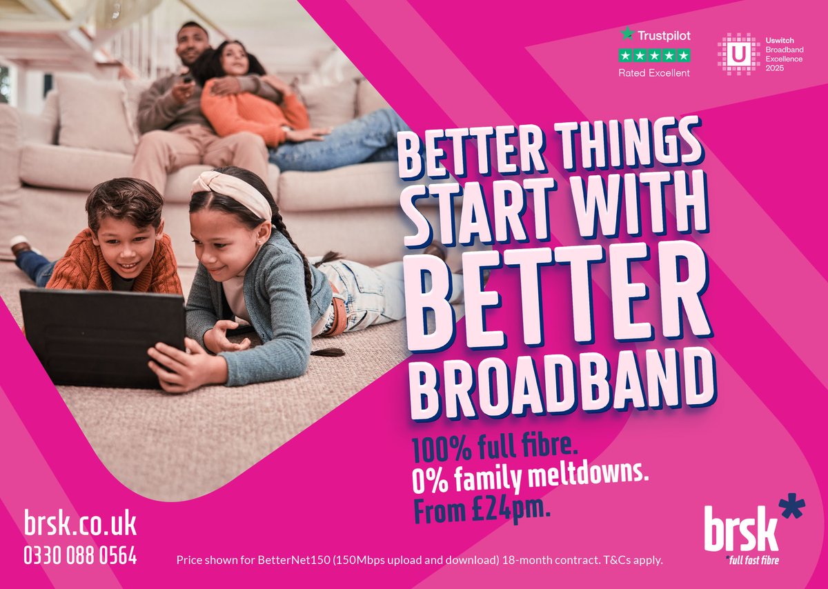 Southsidemag's tweet image. Looking for a new #broadband provider? Get 100% fibre, 0% family meltdowns, from just   £24/month! Contact @Brsk_uk for more info, and check the leaflet or the article at southside.media for details. #FastInternet #FibreBroadband #HomeConnectivity #DigitalLife