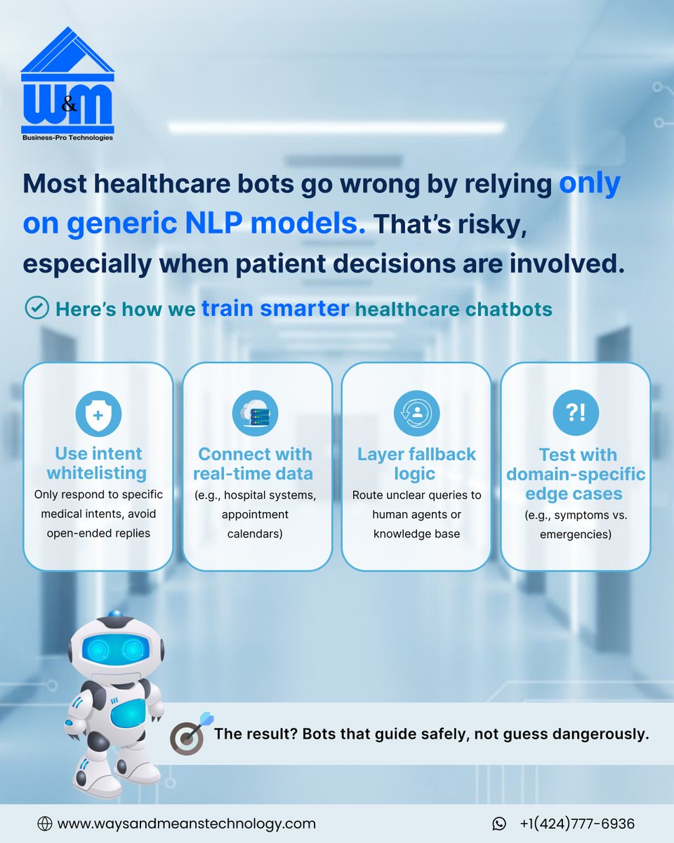 WMTechnology's tweet image. TECH TIP:
Safer bots = bots that know their limits.
Whitelist intents. Escalate wisely. Never guess.
#TechTipTuesday #DigitalHealth #ChatbotTips #WMTechnology
waysandmeanstechnology.com | +1 (424) 777-6936
