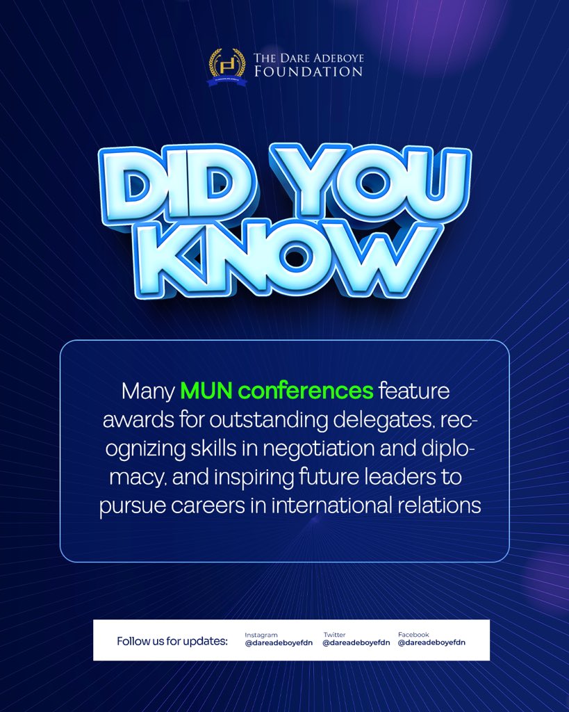 DareAdeboyeFDN's tweet image. Did you know? Many MUN conferences celebrate outstanding delegates, honing skills in negotiation and diplomacy! Let’s inspire the next generation of leaders in international relations.

#dareadeboyefoundation 
#Funtrivia
