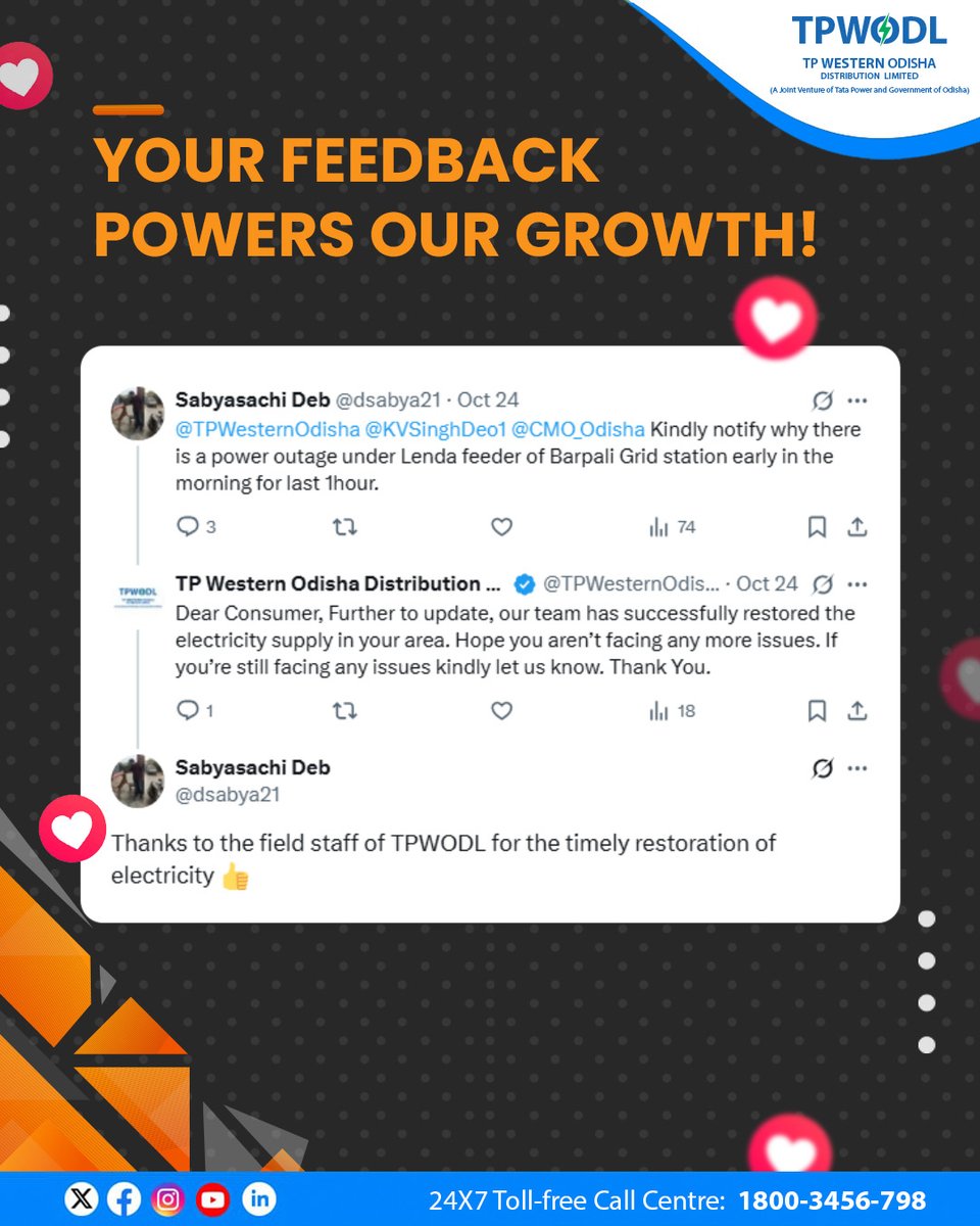 We value every feedback shared by our consumers.
Your constant support and suggestions help us grow and serve you better every day.
 
#TPWODL #ForYouWithYouAlways #ConsumerFirst