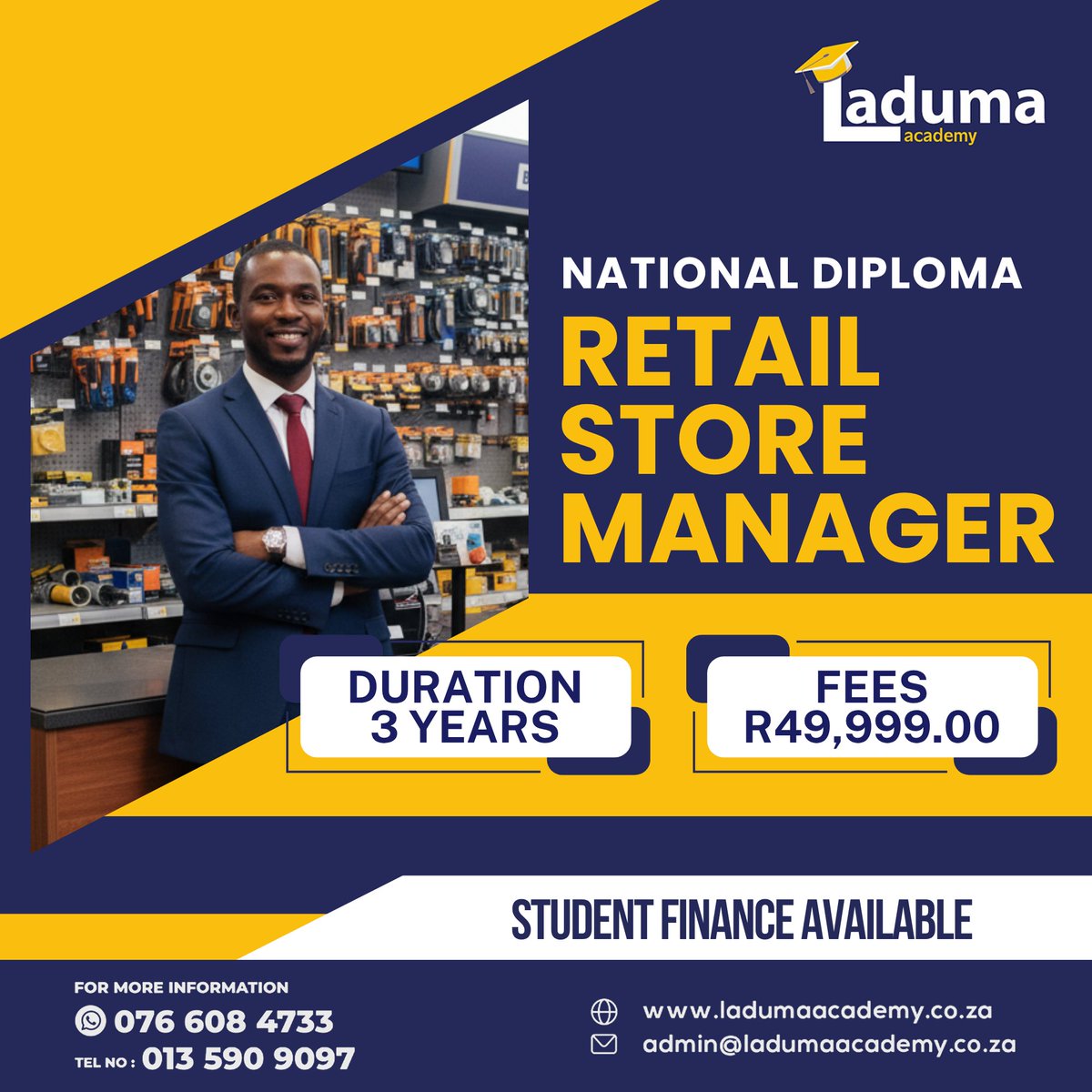 LadumaAcademy's tweet image. 𝐍𝐚𝐭𝐢𝐨𝐧𝐚𝐥 𝐃𝐢𝐩𝐥𝐨𝐦𝐚 - 𝐑𝐞𝐭𝐚𝐢𝐥 𝐒𝐭𝐨𝐫𝐞 𝐌𝐚𝐧𝐚𝐠𝐞𝐫
 👉For more information 
🔹WhatsApp - 076 608 4733 
🔹WhatsApp Link - wa.link/sqp33j 
📧admin@ladumaacademy.co.za
🌐ladumaacademy.co.za/national-diplo… 
#LadumaTrainingAcademy #RetailStoreManager