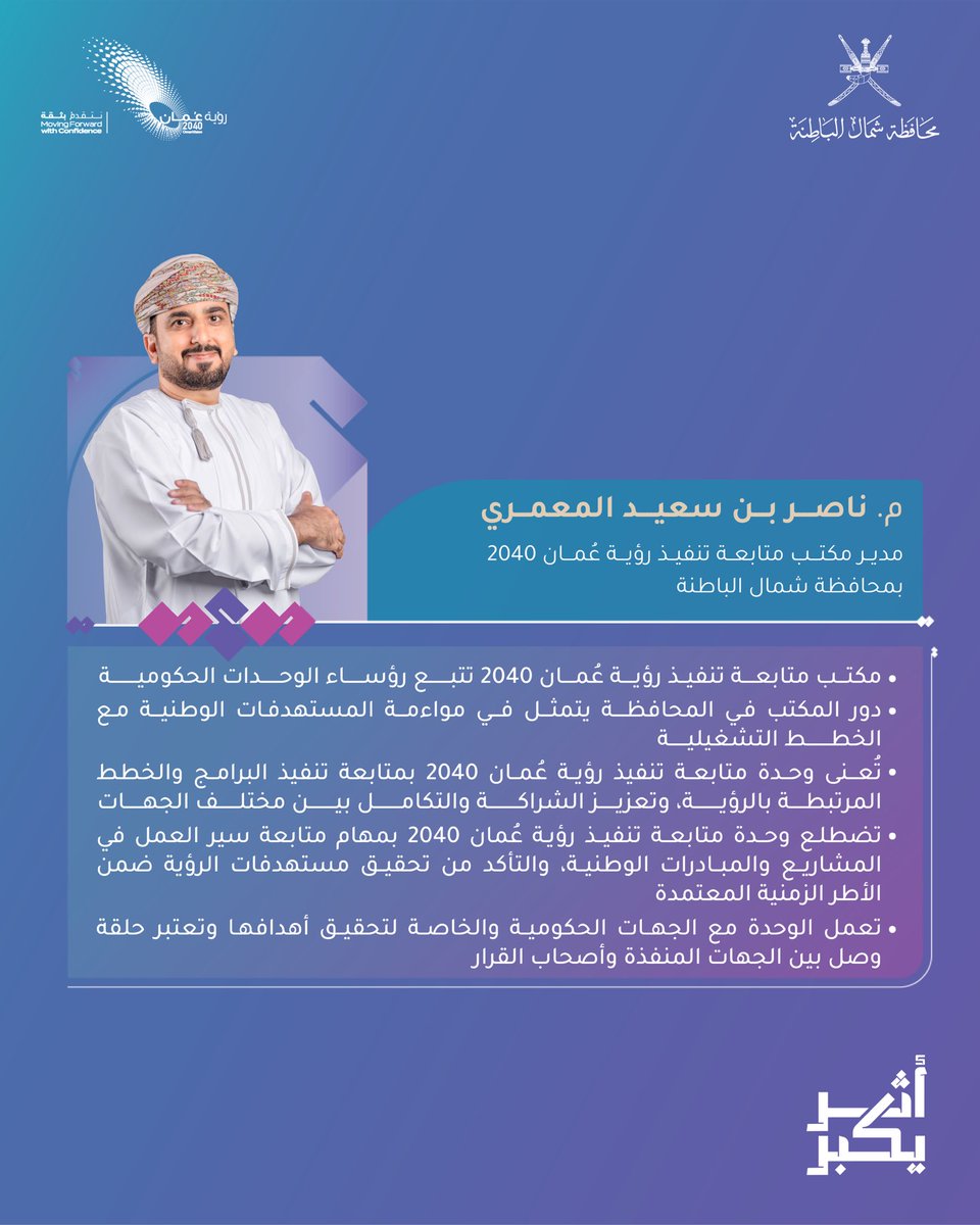 المهندس ناصر بن سعيد المعمري، مدير مكتب متابعة تنفيذ #رؤية_عُمان_2040 بمحافظة #شمال_الباطنة 

"تُعنى وحدة متابعة تنفيذ رؤية عُمان 2040 بمتابعة تنفيذ البرامج والخطط المرتبطة بالرؤية، وتعزيز الشراكة والتكامل بين مختلف الجهات".

#أثر_يكبر