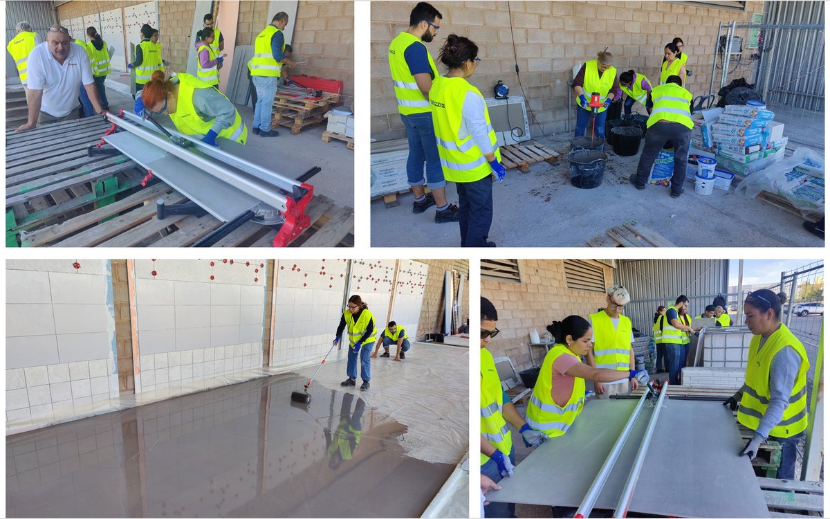 Proalso's tweet image. Avanzando en la formación de instalación de revestimientos cerámicos según #UNE138002 del curso organizado por @CruzRojaCS. El aprendizaje llega progresivamente,buen ambiente de trabajo, buena actitud de los alumnos, buen equipamiento y materiales en instalaciones de Marazzi.