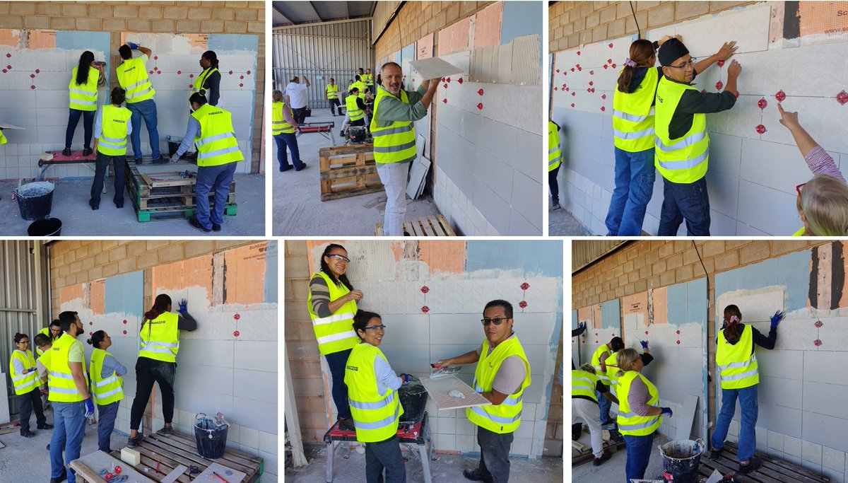 Proalso's tweet image. Avanzando en la formación de instalación de revestimientos cerámicos según #UNE138002 del curso organizado por @CruzRojaCS. El aprendizaje llega progresivamente,buen ambiente de trabajo, buena actitud de los alumnos, buen equipamiento y materiales en instalaciones de Marazzi.