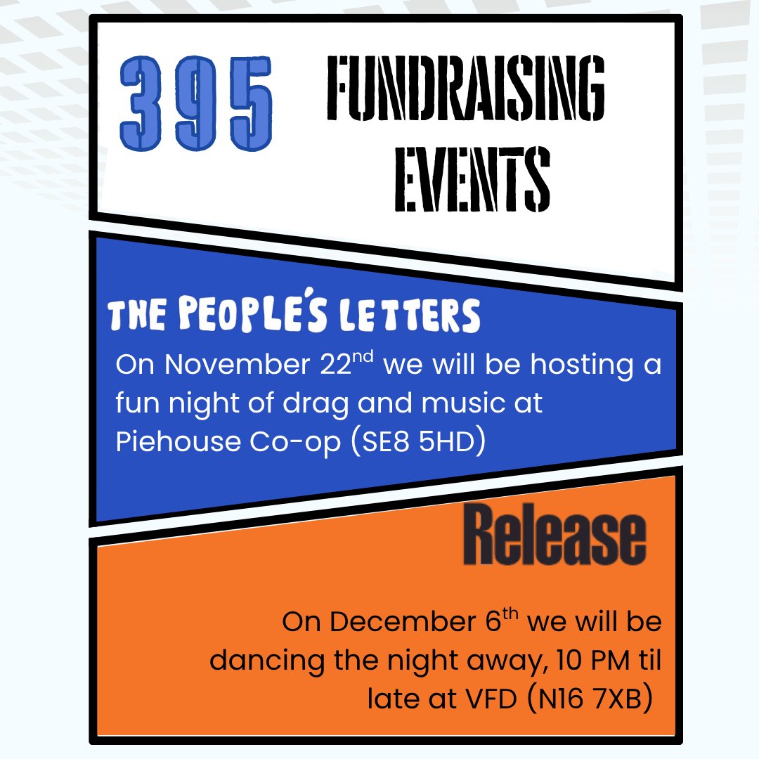 We are also both fundraising to support our expansion in 395 - On 22/11  <a href="/PeoplesLetters/">The People's Letters (formerly Scarlett Letters)</a> will be hosting a fun night of drag and music at Piehouse Co-op (SE8 5HD)

On 06/12 Release will be dancing the night away, 10 PM til late at VFD (N16 7XB)