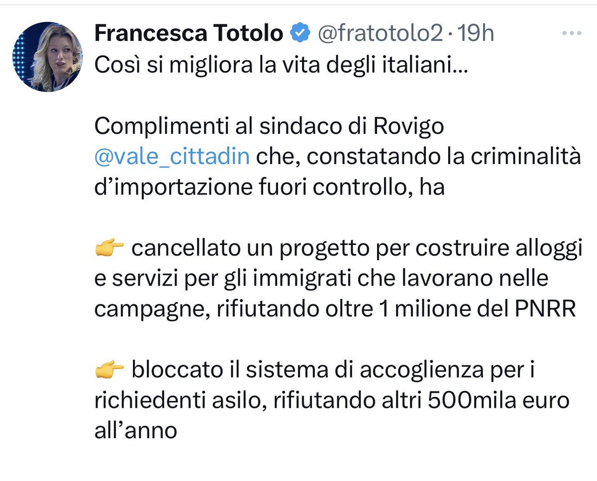 Nella logica di chi usa la parola
Neonazista #remigrazione i fatti di #Rovigo sono una cosa buona. In realtà si sfruttano persone nei campi e li si spinge all’illegalità perché non possono permettersi un alloggio, così da confermare la tesi delle <a href="/fratotolo2/">Francesca Totolo</a> di passaggio.