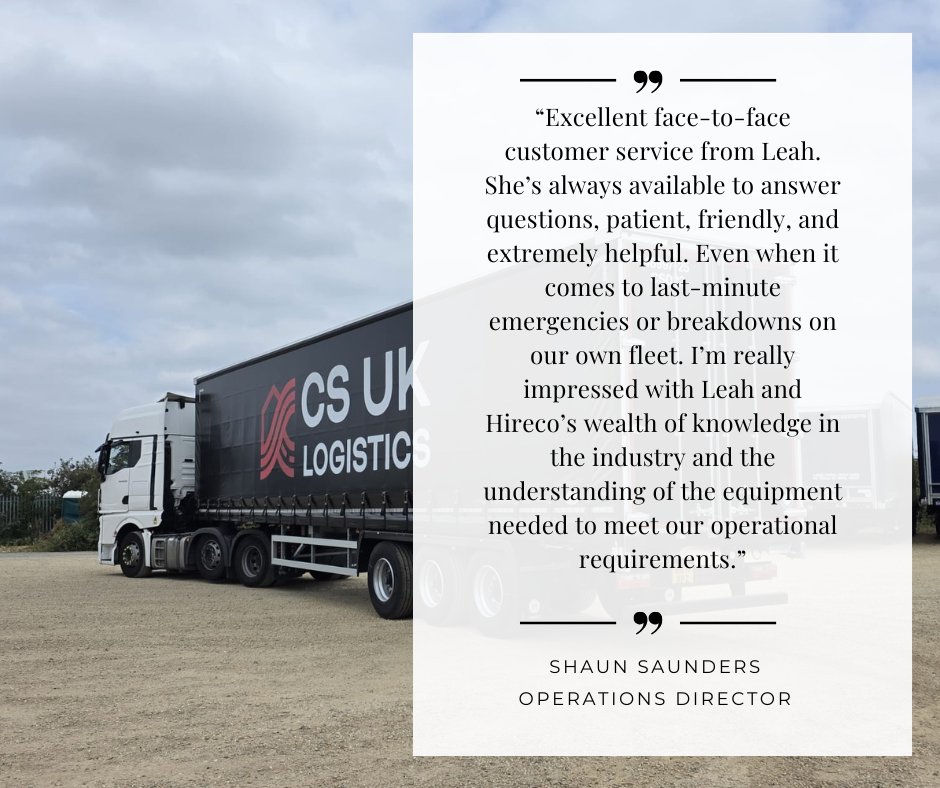 Hireco_World's tweet image. Big thanks to Shaun Saunders &amp;amp; CS UK Logistics for trusting Hireco with your fleet! 💪
Shoutout to Leah for her next-level support 👏

📞 0330 124 5651 | 🌐 hireco.co.uk

#Hireco #CSUKLogistics #FleetSupport #CustomerService #WeKeepYouMoving