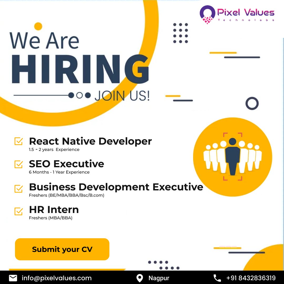 PTechnolab91982's tweet image. 🚀 We’re Growing — Join the Pixel Values Team! 💼
📍 Location: Nagpur
📧 Email: info@pixelvalues.com
📞 Contact HR: +91 8432836319
✨ Bring your skills, passion, and creativity — and let’s shape the future together!
#WeAreHiring #CareerOpportunity #ReactNativeDeveloper