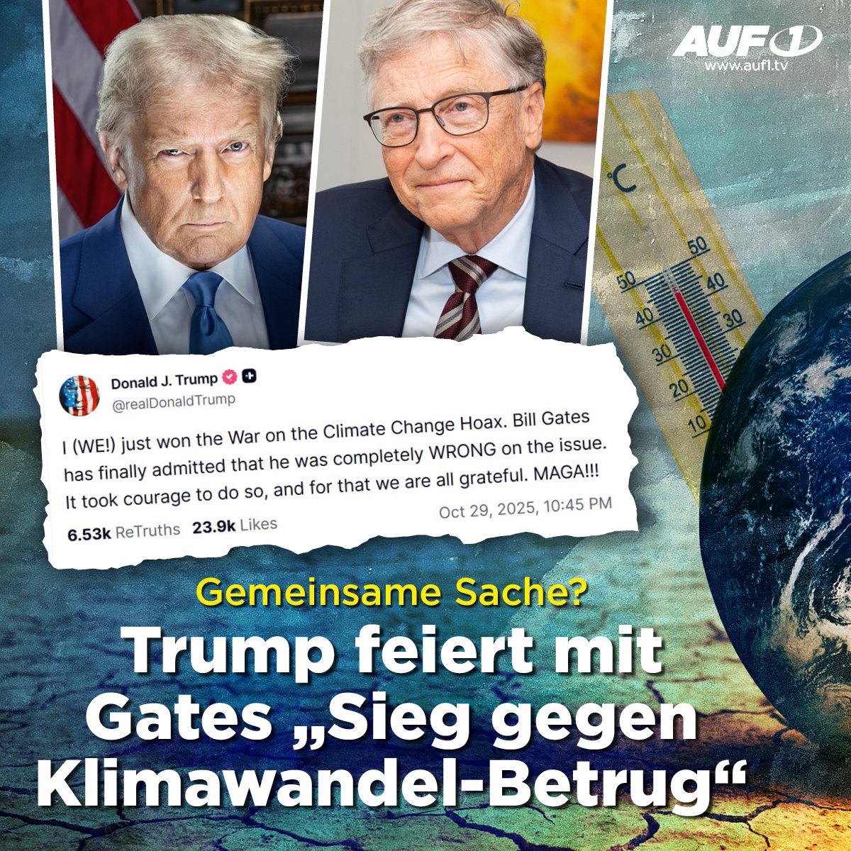 Na nu?🎉Trump feiert Bill Gates und spricht von Sieg gegen Klimawandel-Betrug

Es klingt ja im ersten Anschein nach großartig. Bill Gates „Kehrtwende“ in der Klima-Frage. Jetzt springt auch US-Präsident Donald Trump dem Multimilliardär Gates zur Seite und spricht vom gemeinsamen