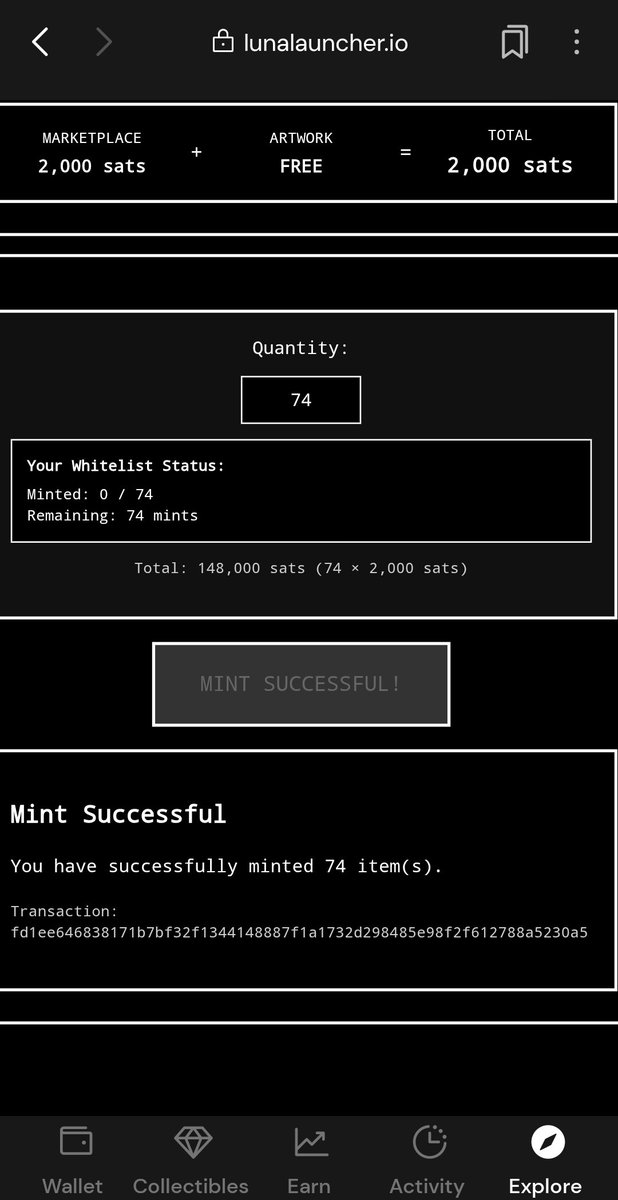 Finally got around to minting my free allocation of howling wolves.
A full 74 minted in a single click.
Glad I didn't have to mint 1 by 1.
Every <a href="/LunaticsBTC/">Lunatics</a> holder was entitled to 1 per lunatic held.